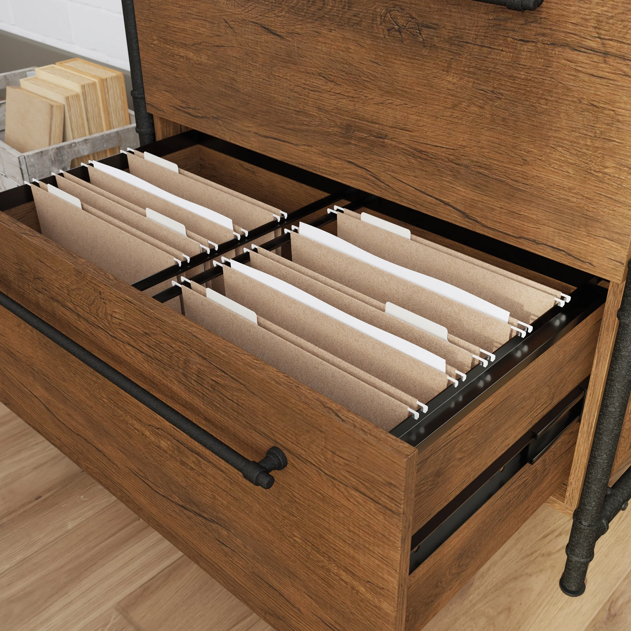 Sauder Iron City Industrial 2 Drawer Lateral File Cabinet, Checked Oak Finish