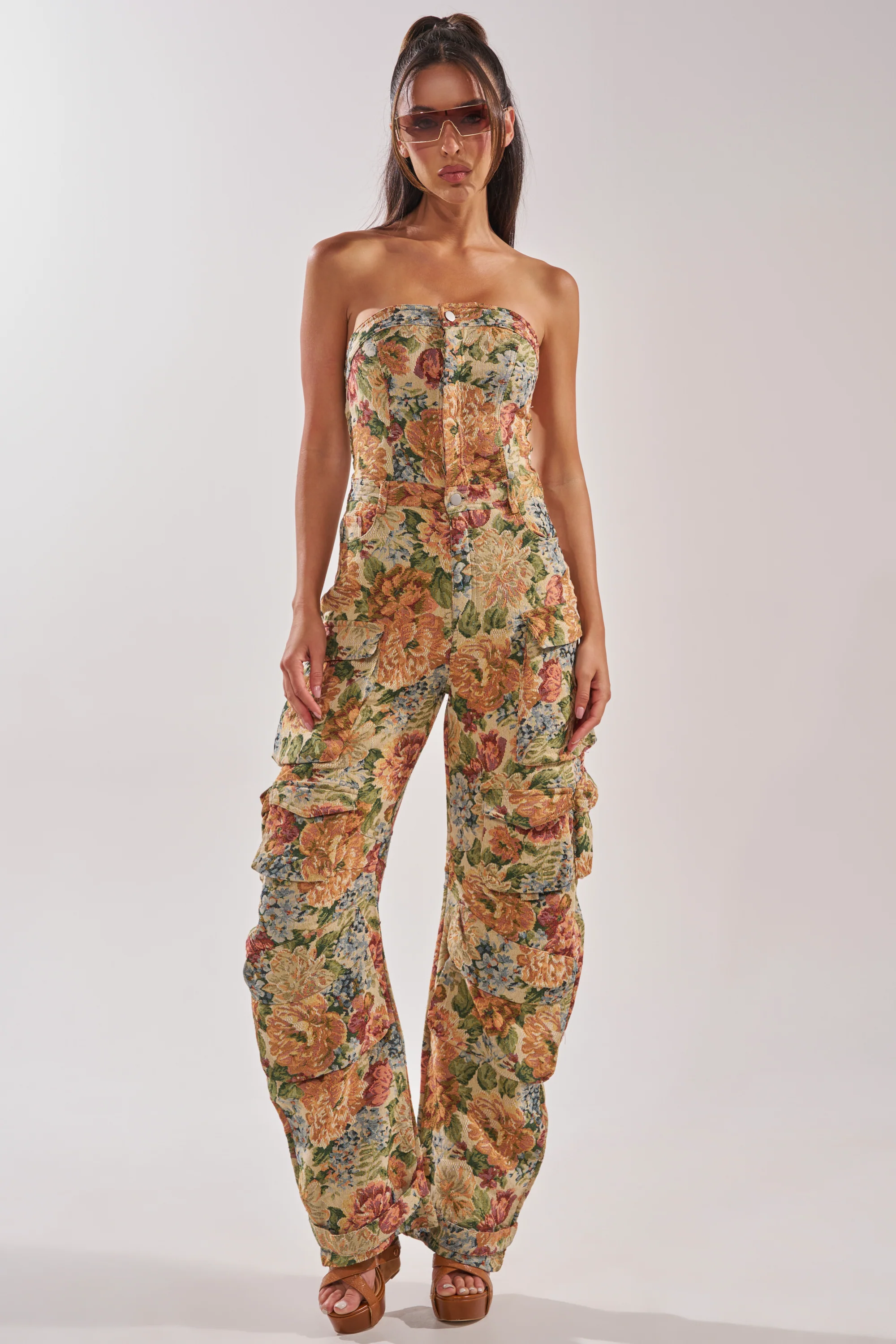 IN HER ELEMENT FLORAL WOVEN JUMPSUIT IN BROWN MULTI - Akira Store