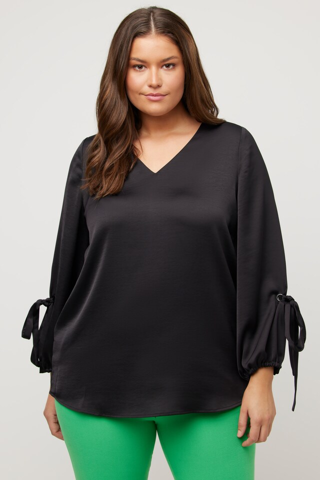 Satin Balloon Sleeve V-Neck Blouse