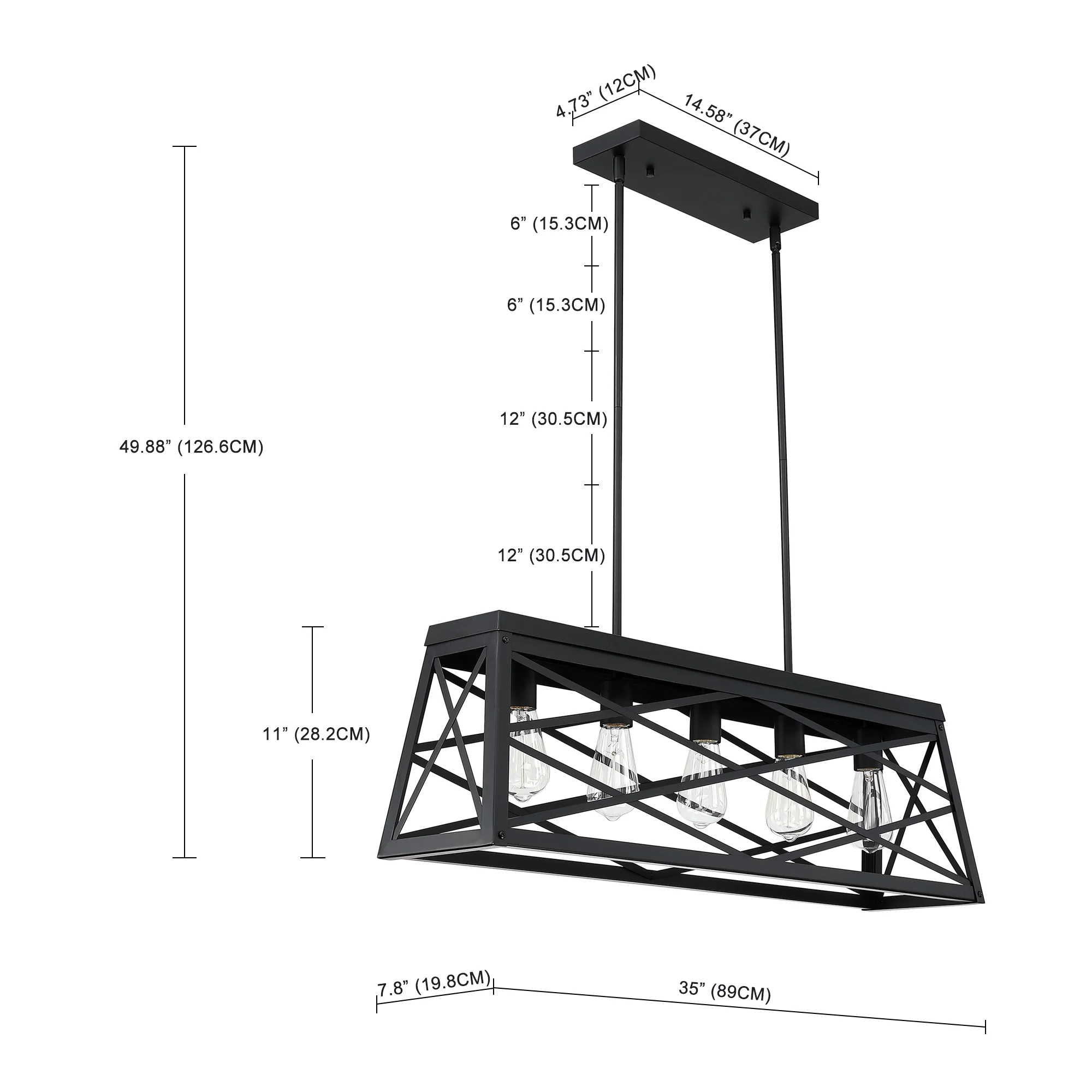 5-Light Farmhouse Matte Black Chandelier Industrial Pendant Lighting for Kitchen Island for Dining Room, Living Room