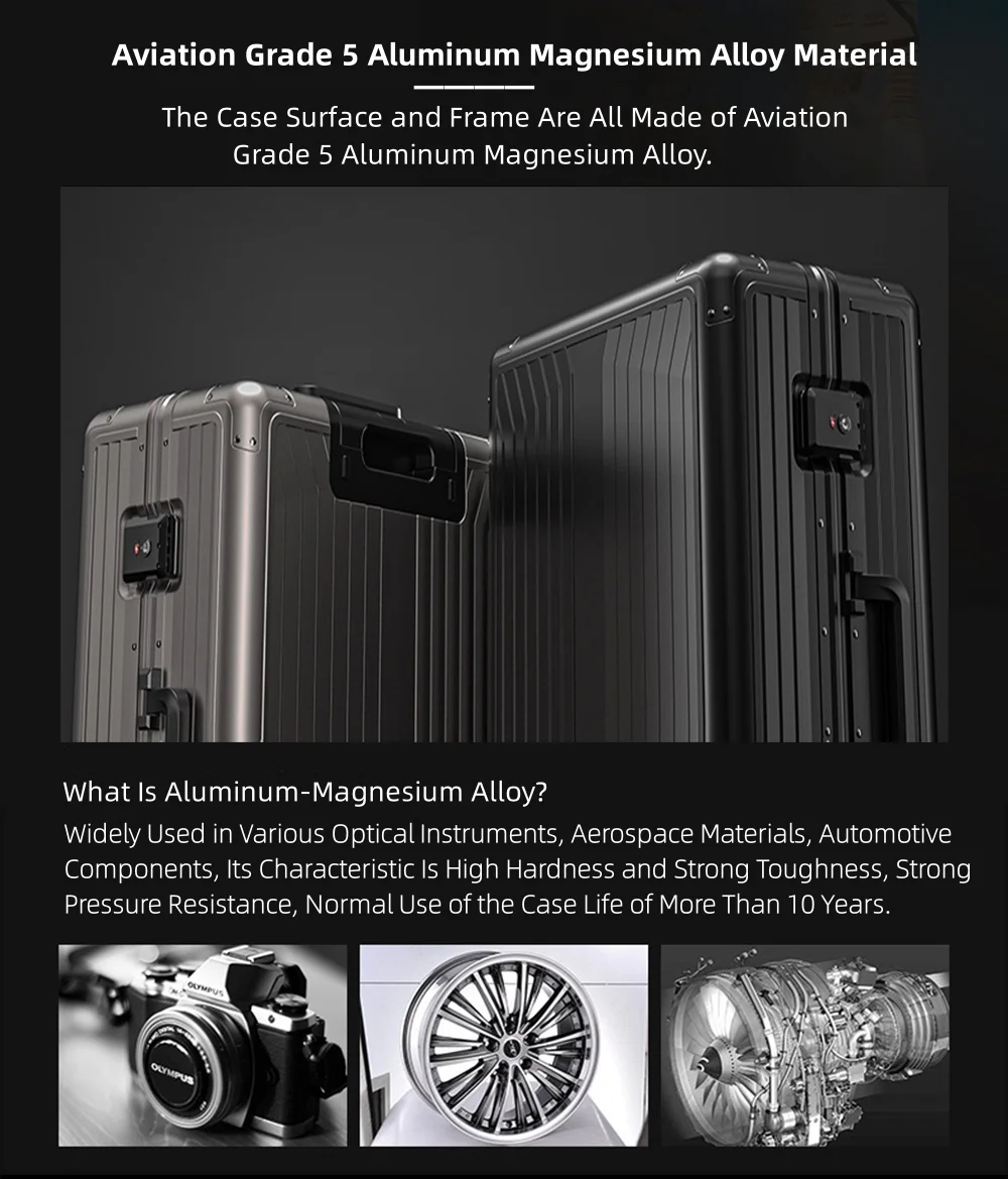 All Aluminum Magnesium Hardshell Carry on Luggage with Wheels, Modern Zipperless Hardshell Checked Luggage with TSA Lock, Airline Approved Metal Suitcase Travel Metal Rolling Luggage