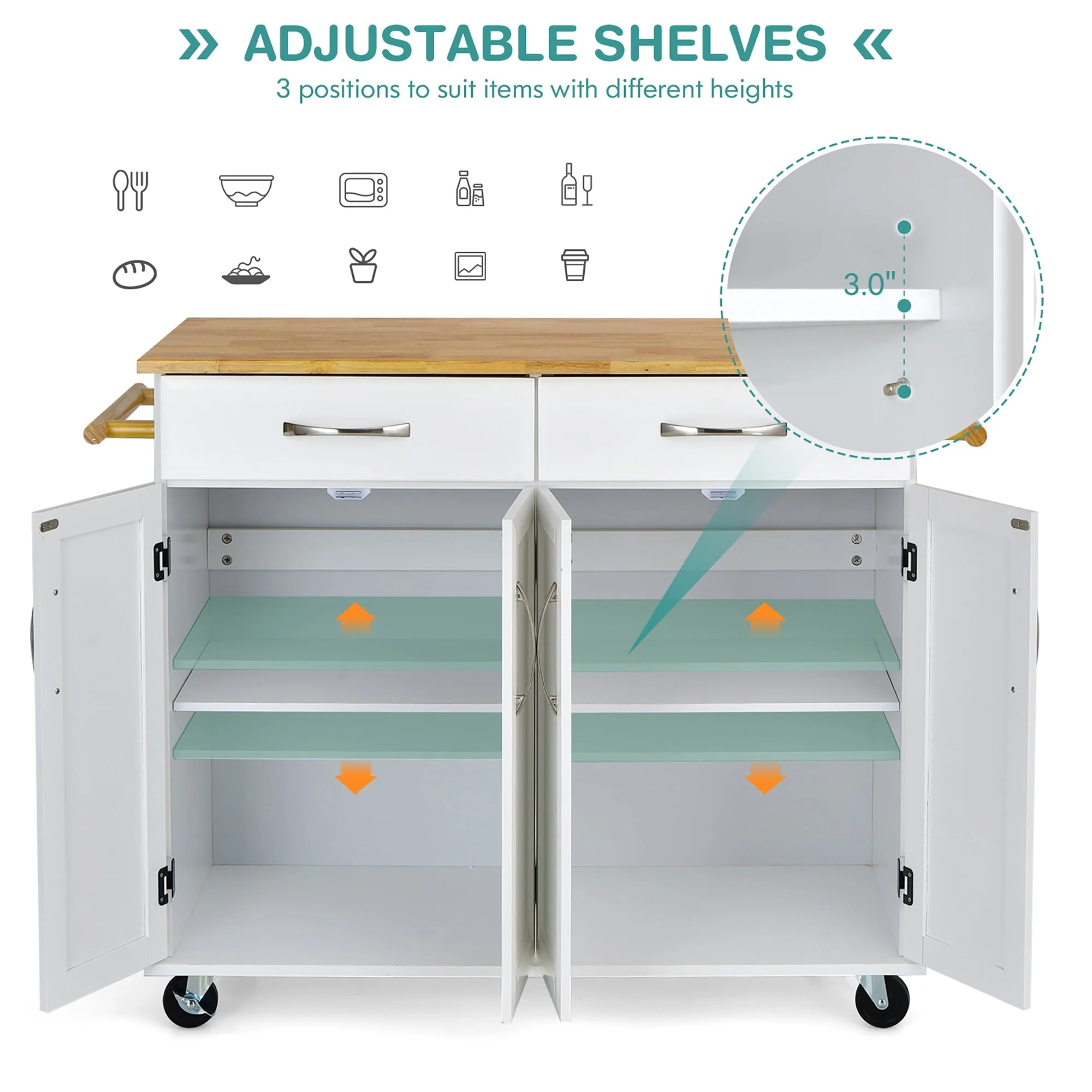 Costway 4-Door Rolling Kitchen Island Cart Buffet Cabinet w/ Towel Racks Drawers White