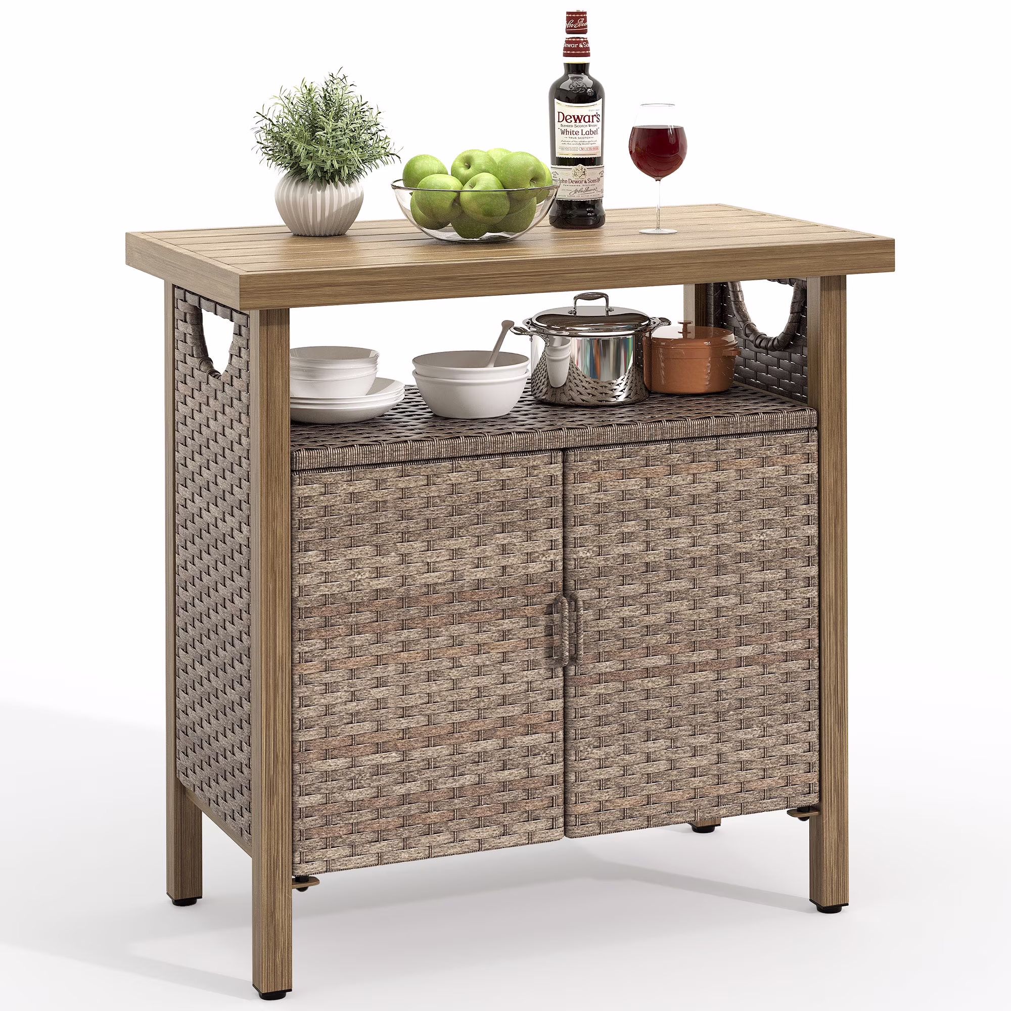 DWVO Outdoor Garden Patio Wicker Storage Cabinet with with 2 Doors and Shelves, Wicker Bar Table, Rattan Counter Table,Deck Box - Brown