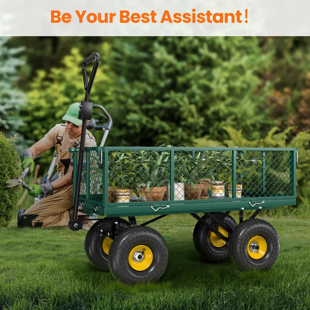 VECUKTY Heavy Duty Steel Dump Garden Cart with Liner, 900lbs Wagon 3 Cu ft 10 Wheel, Black
