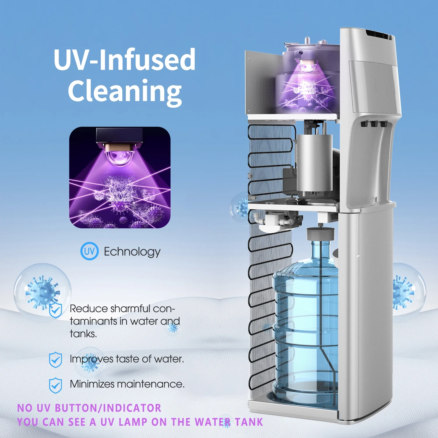 Self Cleaning Bottom Load Water Cooler Dispenser for 3 5 Gallon Bottle with Child Safety Lock Display Light Silver Image 3
