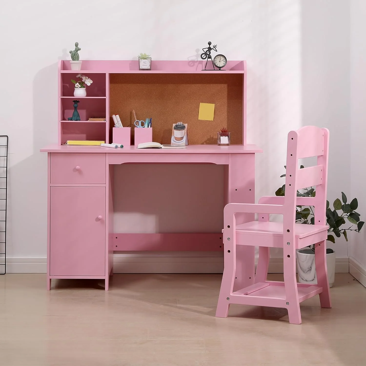 Kids Desk and Chair Set, Study Table with Storage Shelf, Bulletin Board, Children School Learning Desk Set, Writing Table for Boys and Girls, Pink - Image 4