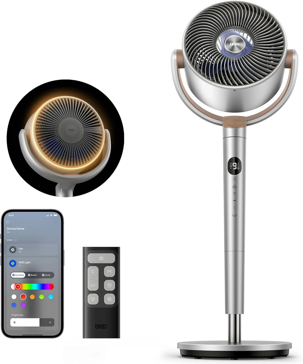 Ventilateur intelligent DREO pour chambre, ventilateur oscillant omnidirectionnel 120° + 120°, ventilateur sur pied silencieux avec éclairage RGB, portée de 30 m, 9 vitesses, 6 modes, 20 dB, minuterie 8 h, Wi-Fi/commande vocale/Alexa, ventilateurs su