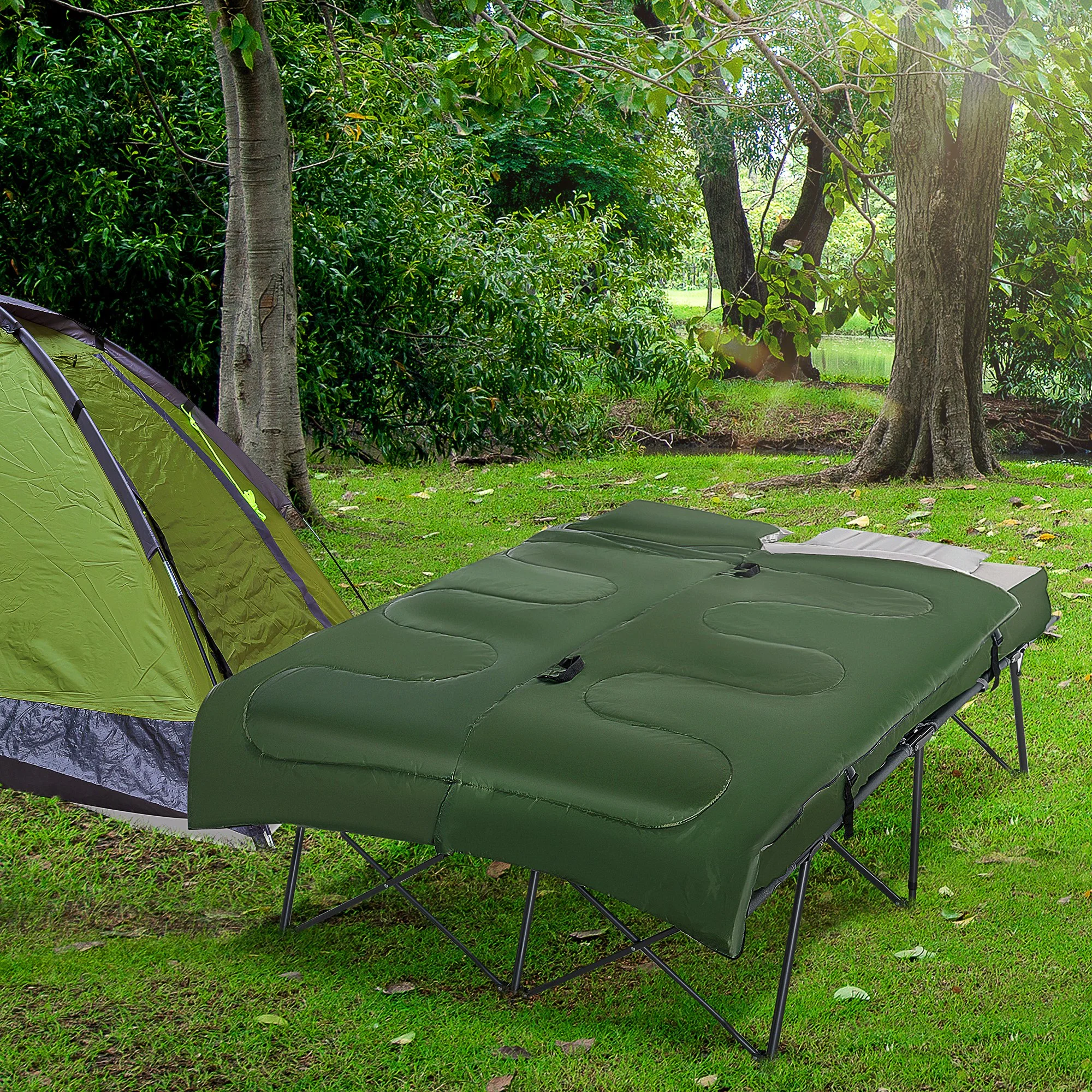 2-Person Folding Camping Cot Portable Outdoor Bed Set with Sleeping Bag, Inflatable Air Mattress, Comfort Pillows and Carry Bag, Soft and Comfortable for Outdoor Travel Camp Beach Vacation - Image 8
