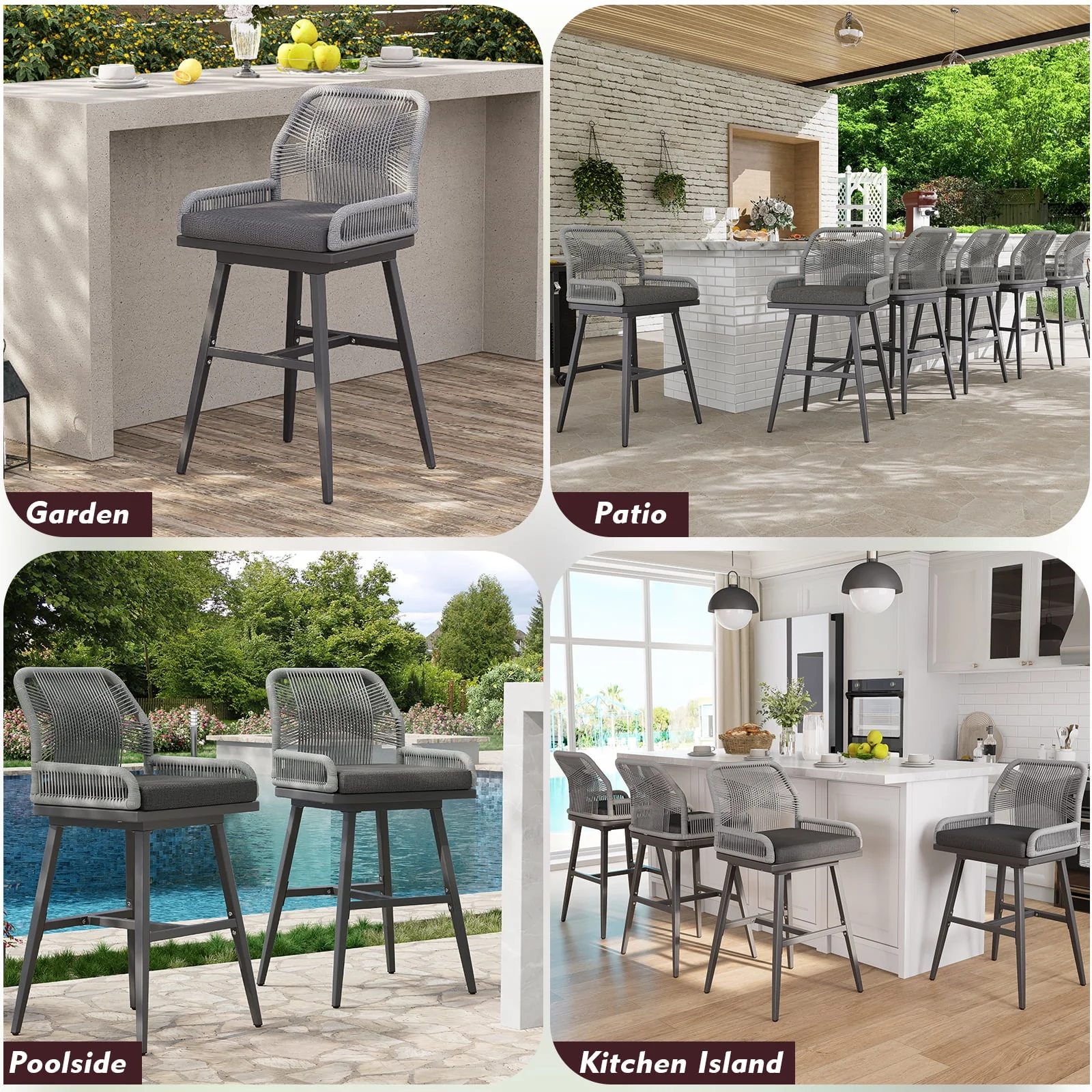 MEISSALIVVE Set of 2 Rattan Swivel Bar Stools, 26 Counter Height with Woven Rope Back, Cushioned Patio Bar Chairs for Kitchen, Garden, Beige