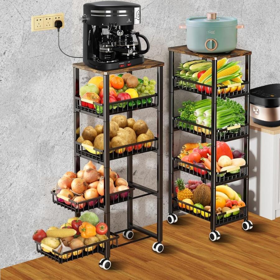 Fruit Vegetable Storage Basket For Kitchen, 5 Tier Large Pull-Out Wire Basket With Wood Top And Wheels Rolling Pantry Kitchen Cart Vegetable