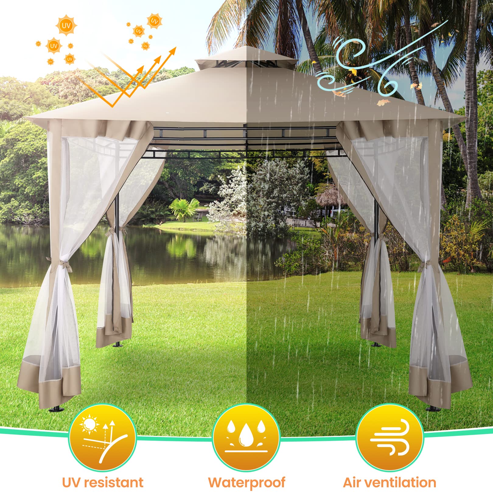SANOPY 10'x10' Canopy Gazebo, Assembled Style Wrought Iron Gazebo Tent Can Accommodate 6-10 People with 4 Detachable Mosquito Net Side Walls for Garden, Yard, Beach