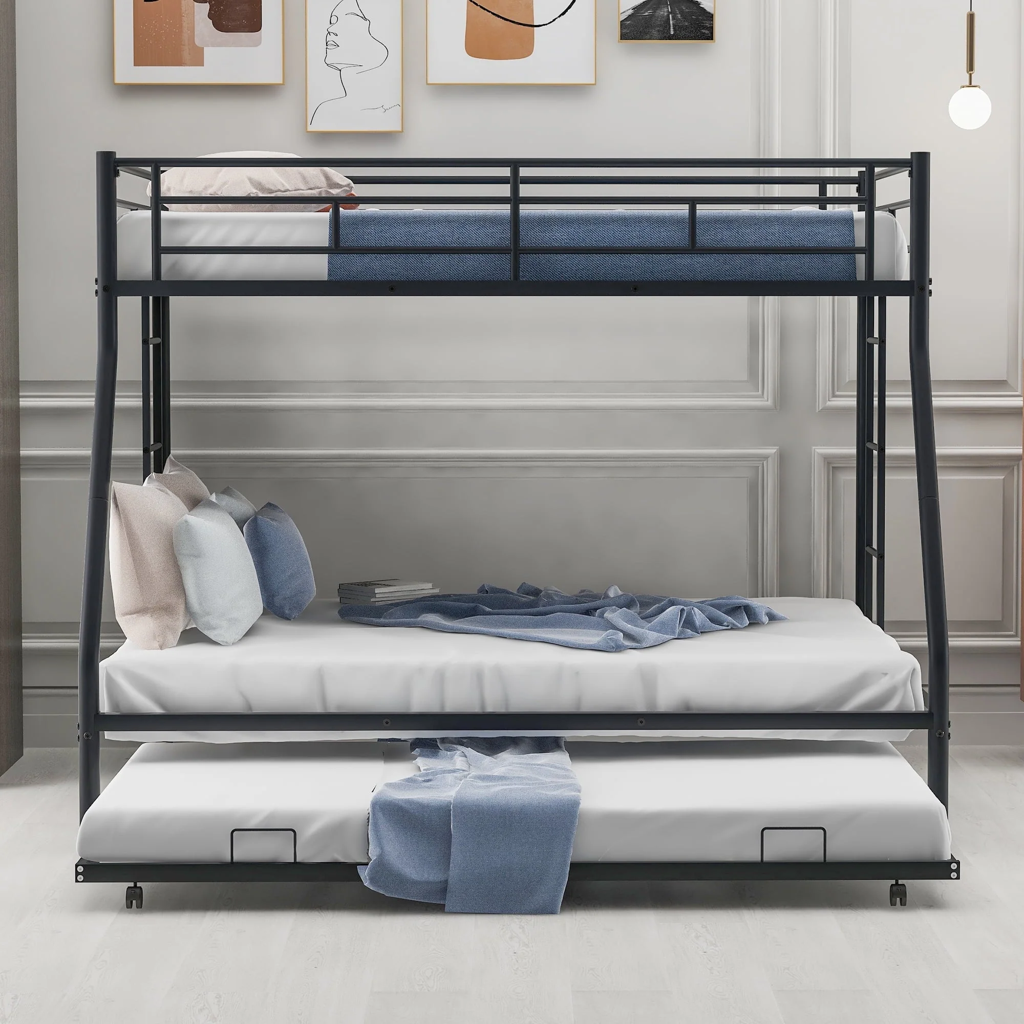 Twin Over Full Bunk Beds with Trundle Bed,Heavy Duty Metal Bed Frame with Sturdy Steel Frame,Triple Bunk Bed with Safety Guard Rails and Two Side Ladders for Boys Girls Adults,Black Image 2