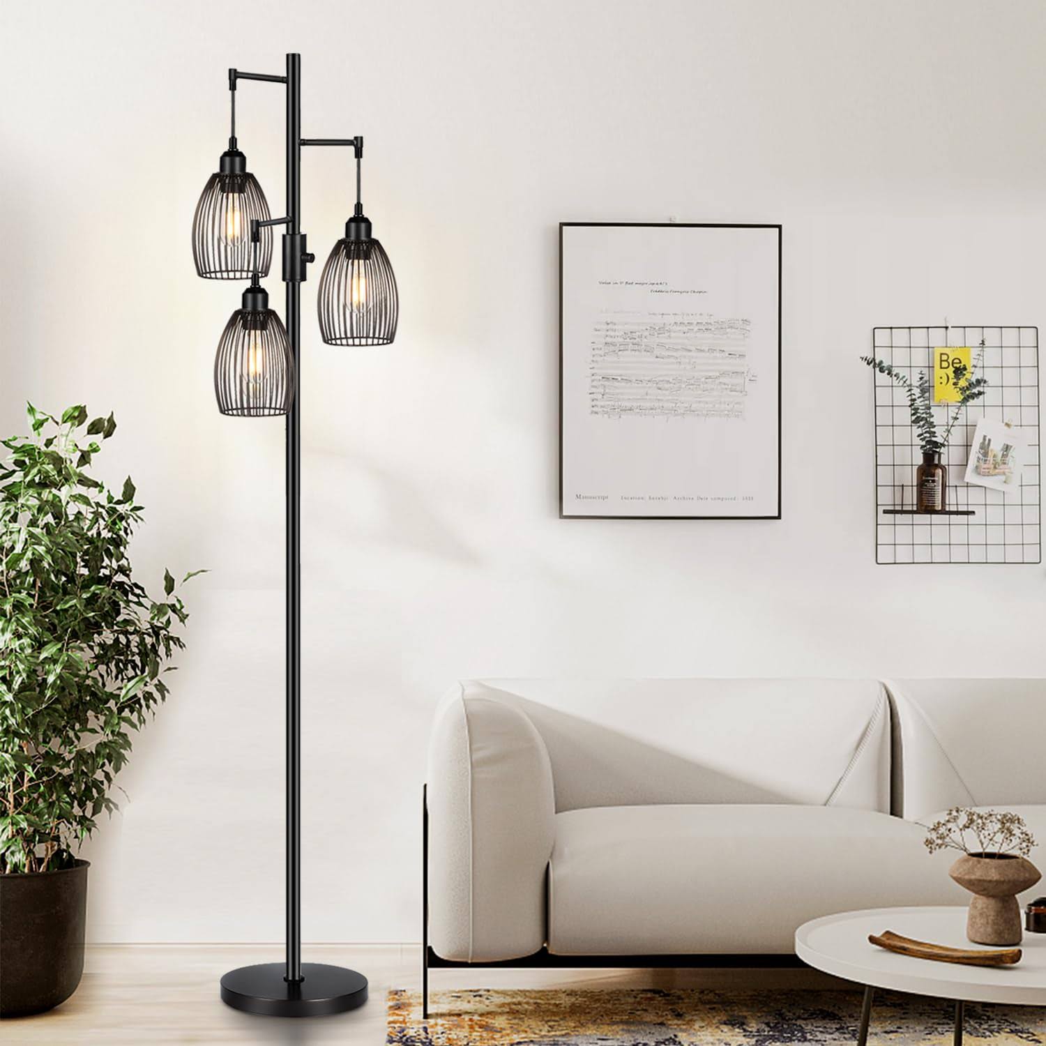Nintiue Dimmable Floor Lamp, 3 x 800lm LED Edison Bulbs Included, Farmhouse Industrial Floor Lamp Standing Tree Lamp with Elegant Teardrop Cage Tall