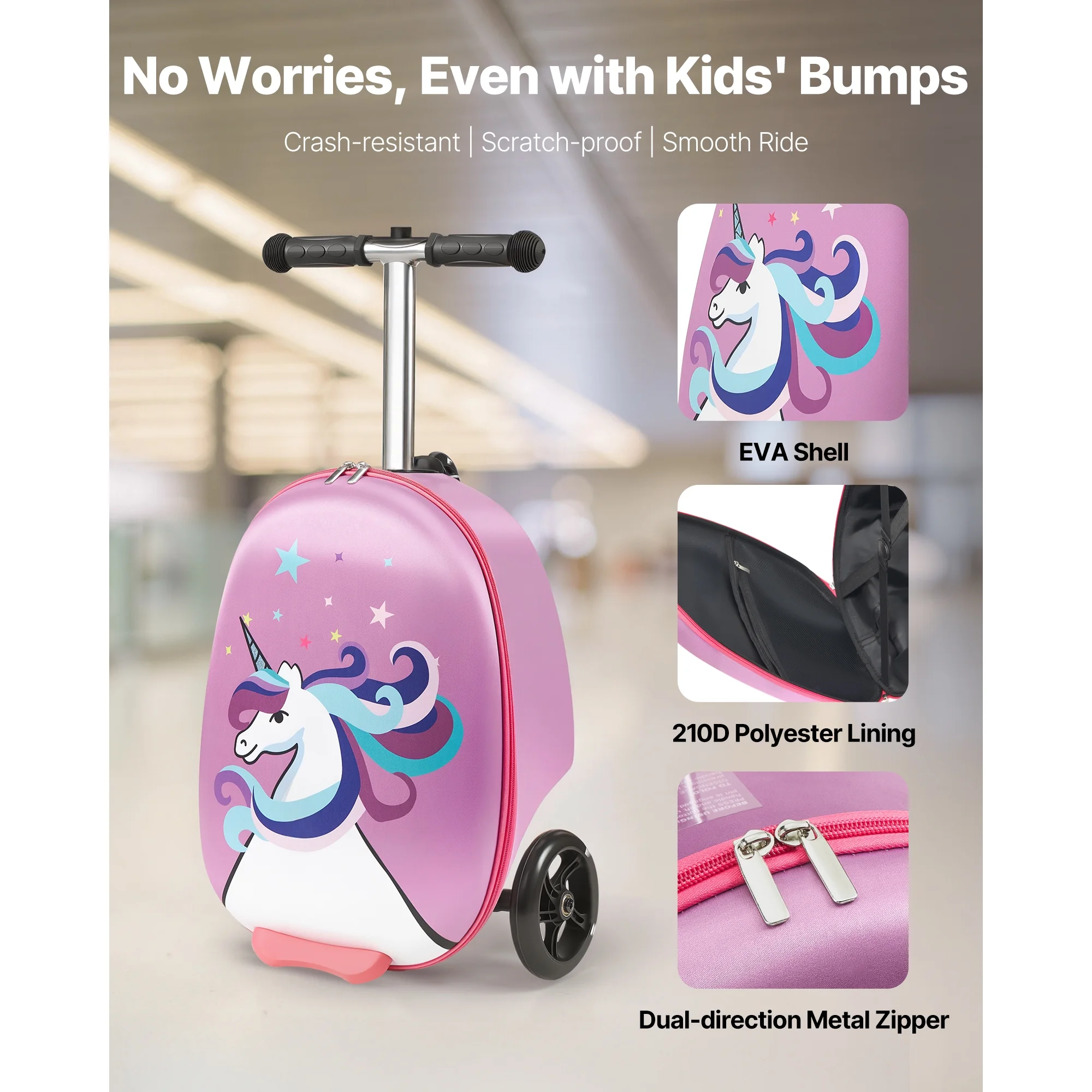 KFFKFF Ride - on Kids Luggage, 20 L Capacity, 20 - Inch Scooter Suitcase with Flashing PU Wheels, Adjustable Handle & Non - Slip Grip, Foldable and Lightweight Travel Companion for Children Aged 5+, Purple