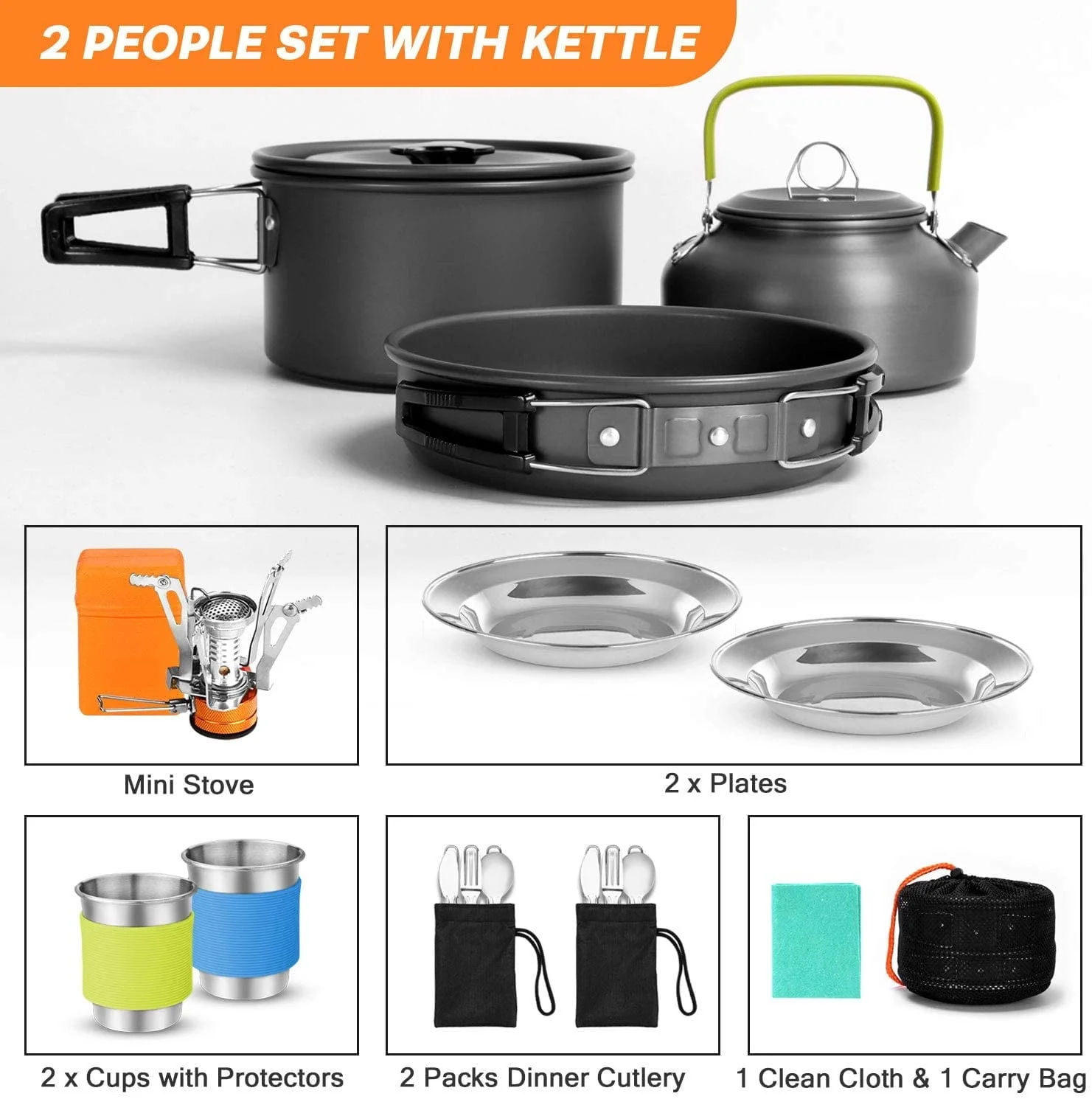 16pcs Camping Cookware Set with Folding Camping Stove, Non - Stick Lightweight Pot Pan Kettle Set with Stainless Steel Cups Plates Forks Knives Spoons for Camping Backpacking Outdoor Picnic