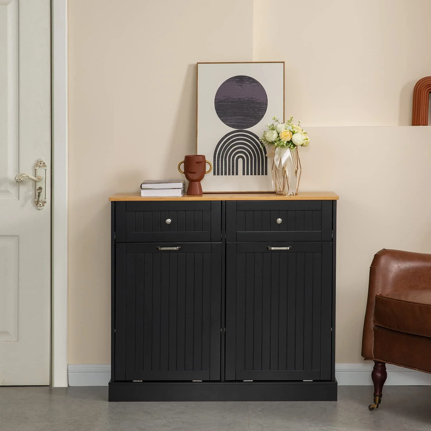 Kitchen Trash Cabinet Double Tilt Out Trash Cabinet with 2 Hideaway Drawers, Solid Wood Tabletop Free Standing Recycling Cabinet Pet Proof Trash Can Holder with Storage, Black(Black) Image 4
