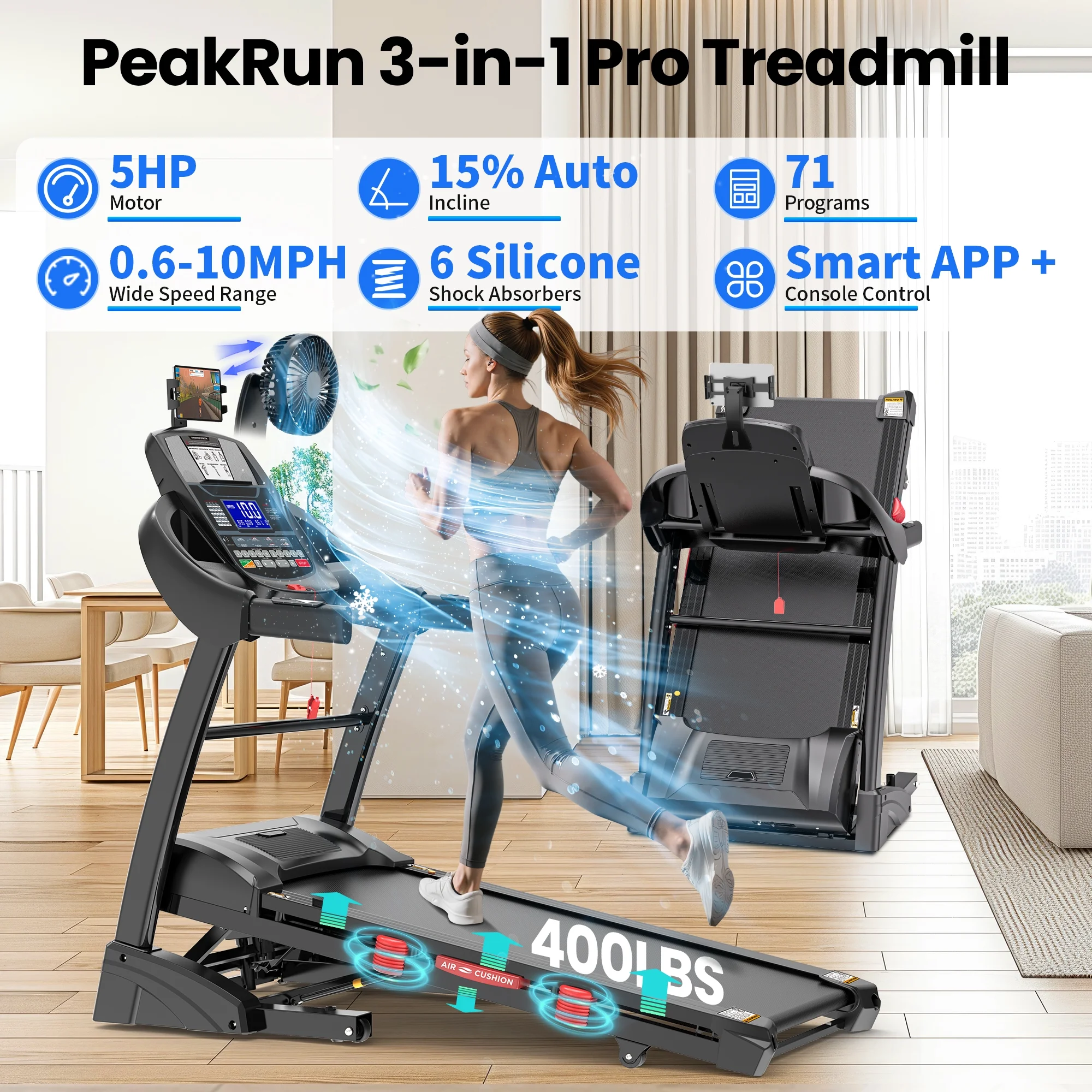 5HP Foldable Treadmill for Home W/ 15% Auto Incline, 300 lb Capacity, 10MPH Portable Treadmill, 64+7 Programs, Personalized Workout with APP, Running Walking Treadmill