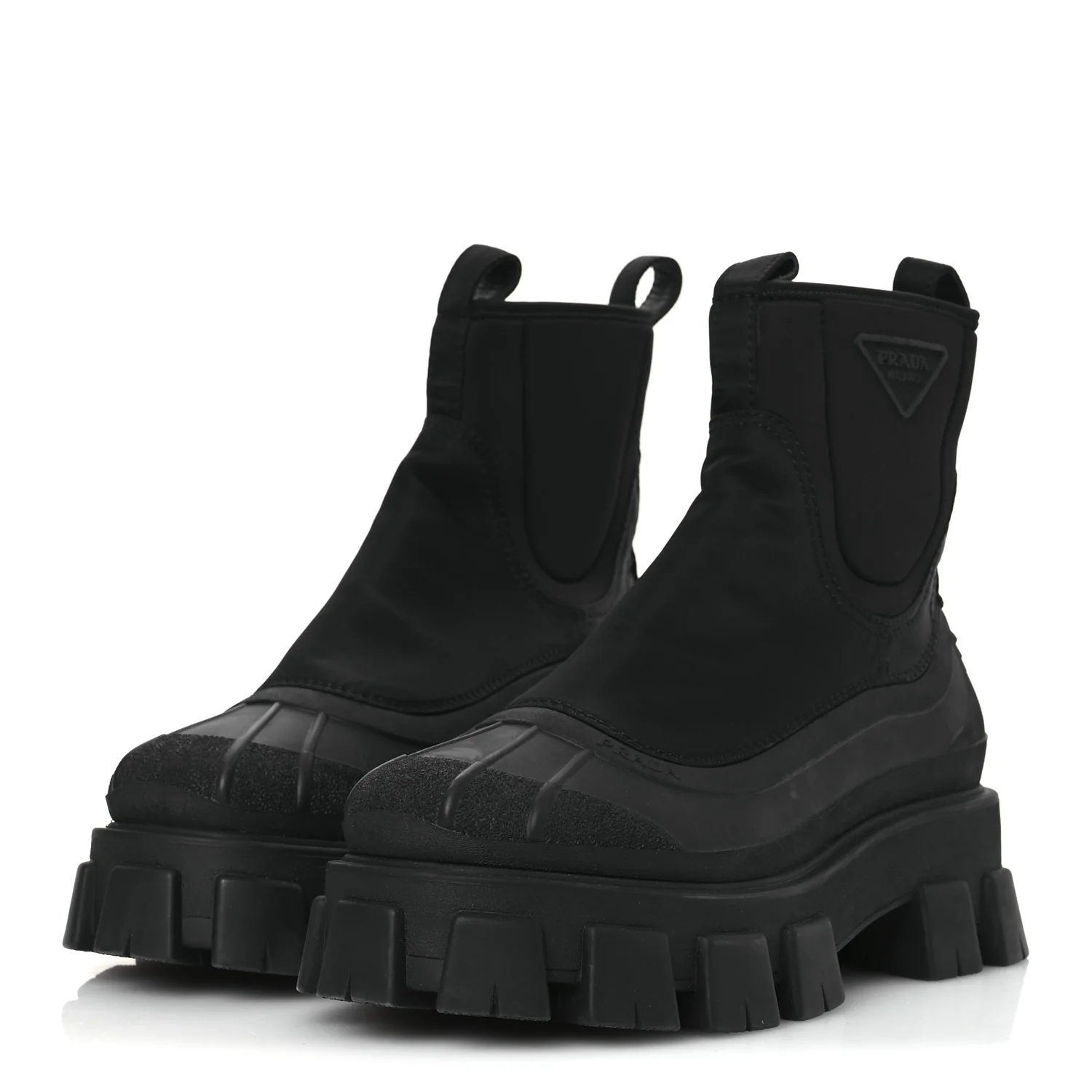 Re-Nylon Gabardine Rubber Triangle Logo Womens Monolith 55mm Ankle Boots 38 Black