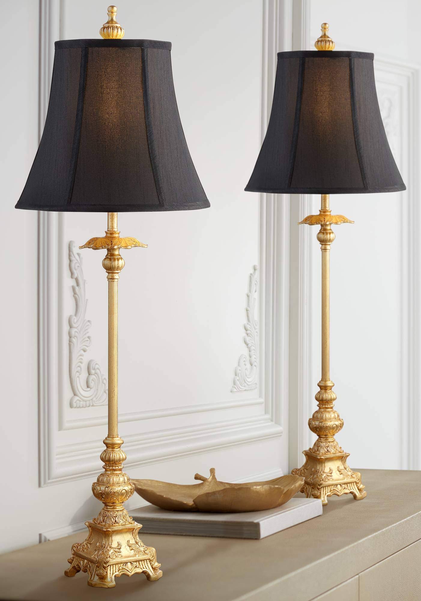 Regency Hill Traditional Buffet Table Lamps Set of 2 Gold Intricate Details Black Fabric Bell Shade for Dining Room