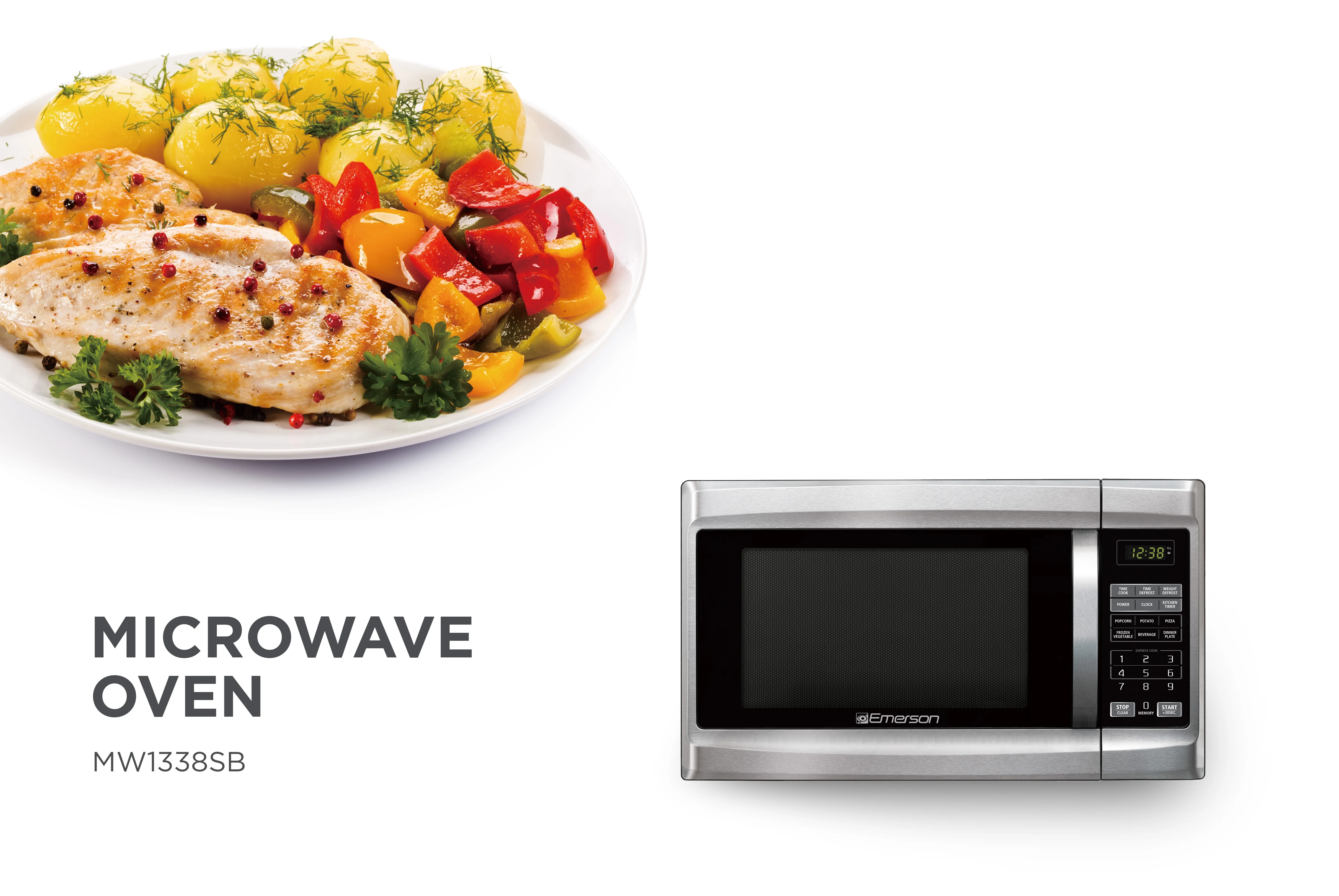 Emerson 1.3 cu ft 1000 Watt, Touch Control Microwave Oven, Stainless Steel/Black, MW1338SB