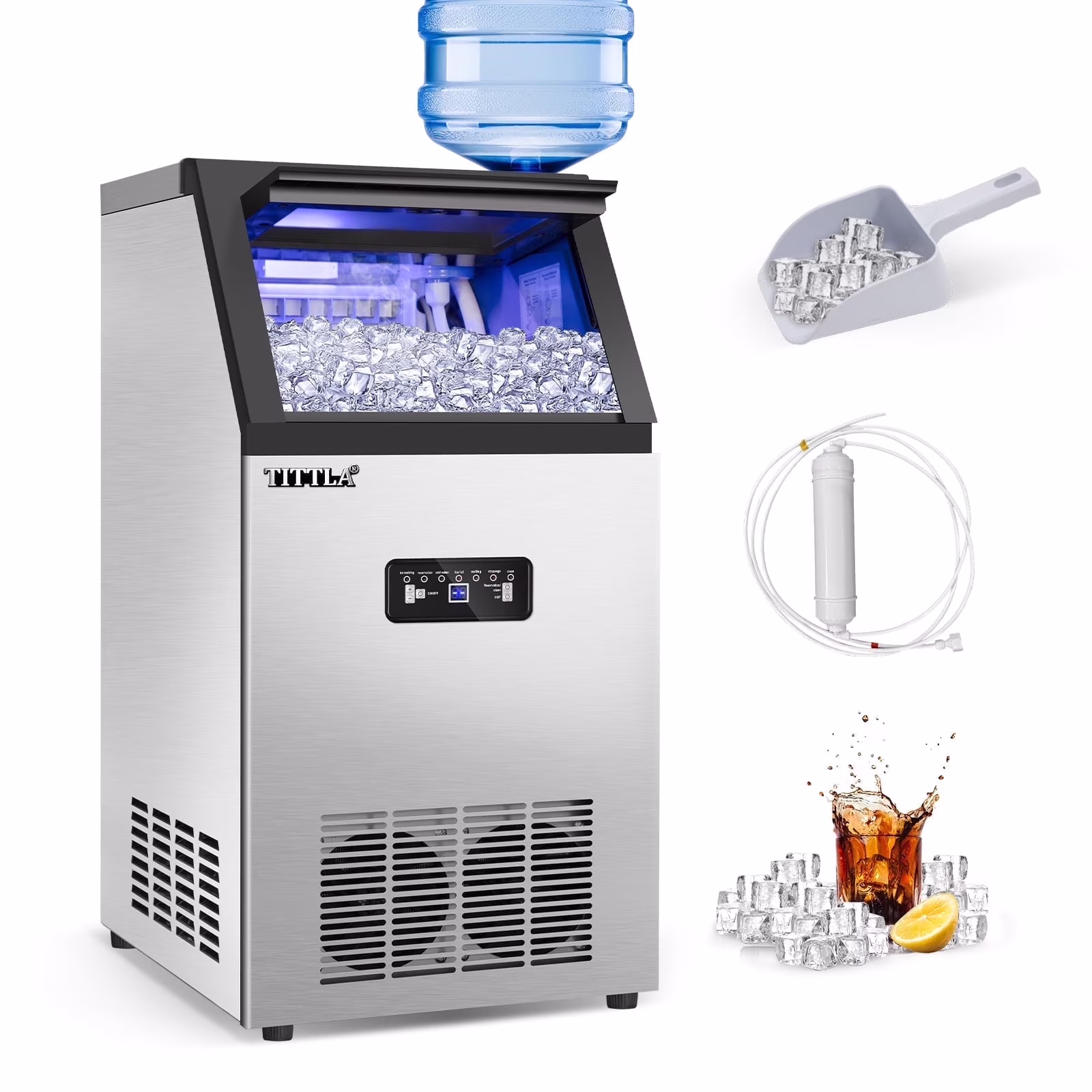 TITTLA 100 lb/24H Commercial Ice Maker Machine, 24 lb Storage, 45 Ice Cubes in 12 - 15 Mins, Stainless Steel Ice Maker for Home Bar Cafe