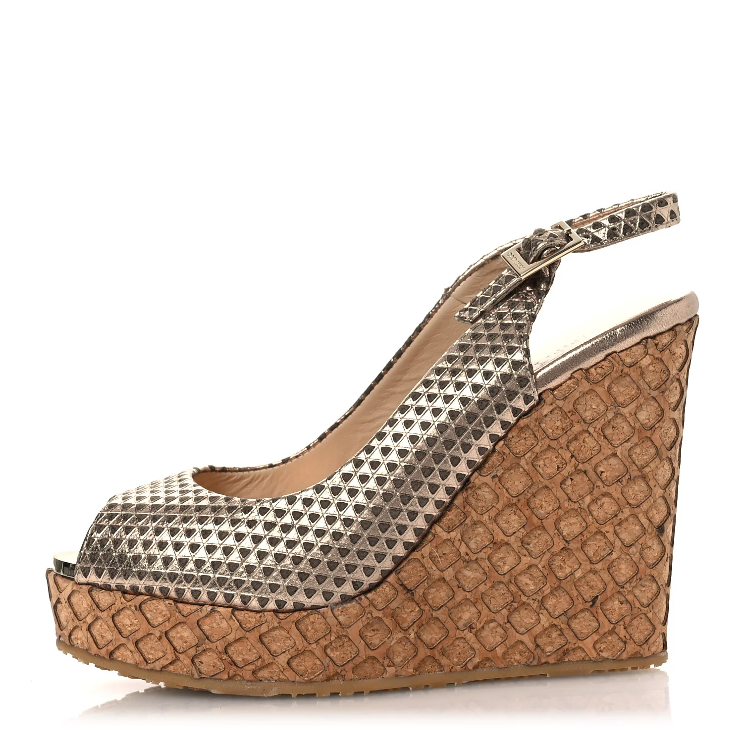Metallic Embossed Calfskin Pacific 120mm Peep-Toe Cork Wedge Sandal 36 Gold
