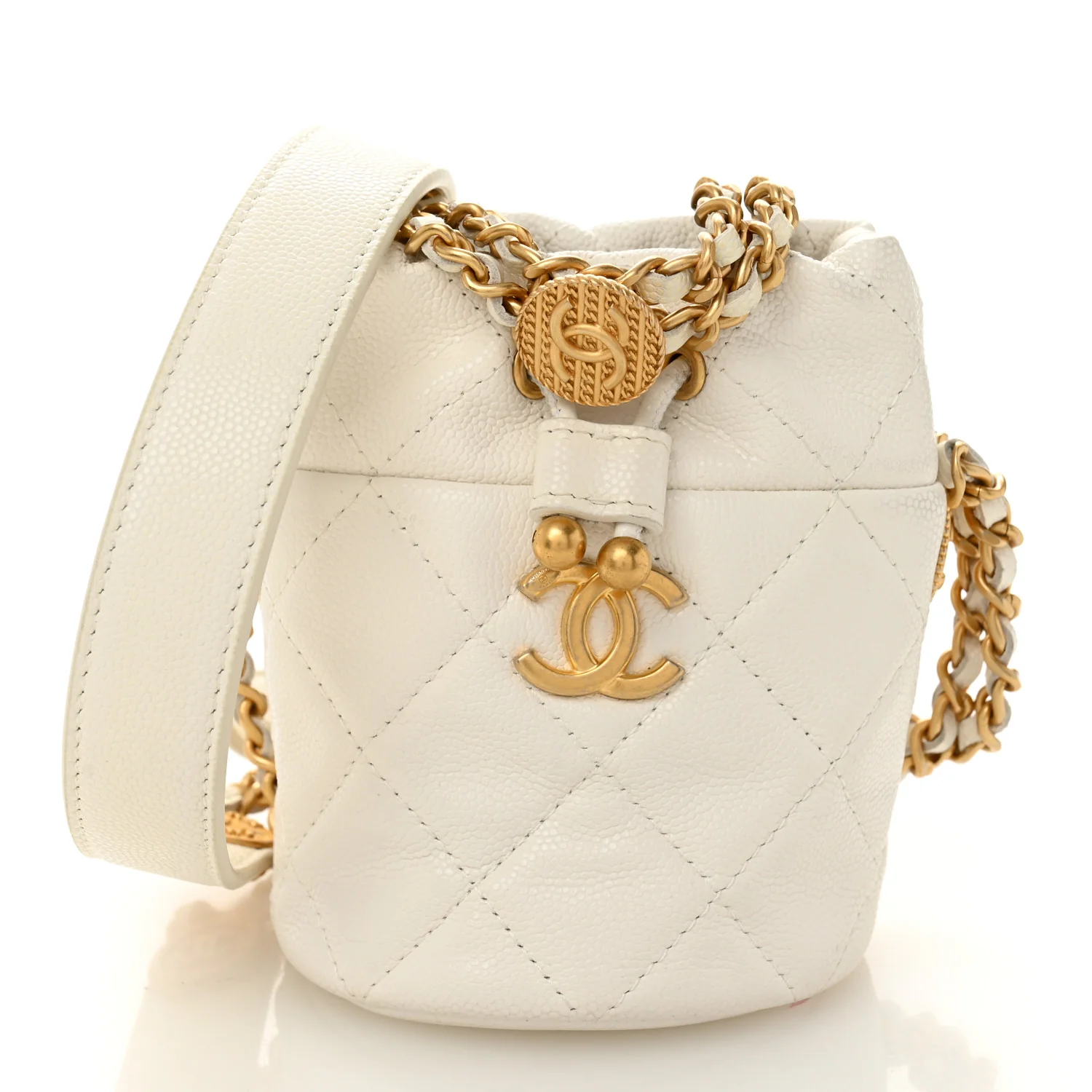 Caviar Quilted Twist Your Buttons Mini Bucket Bag White