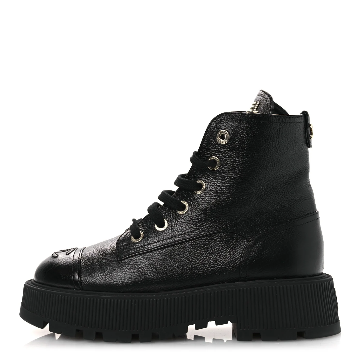 Grained Calfskin Shiny Calfskin CC Lace Up Combat Boots 38.5 Black