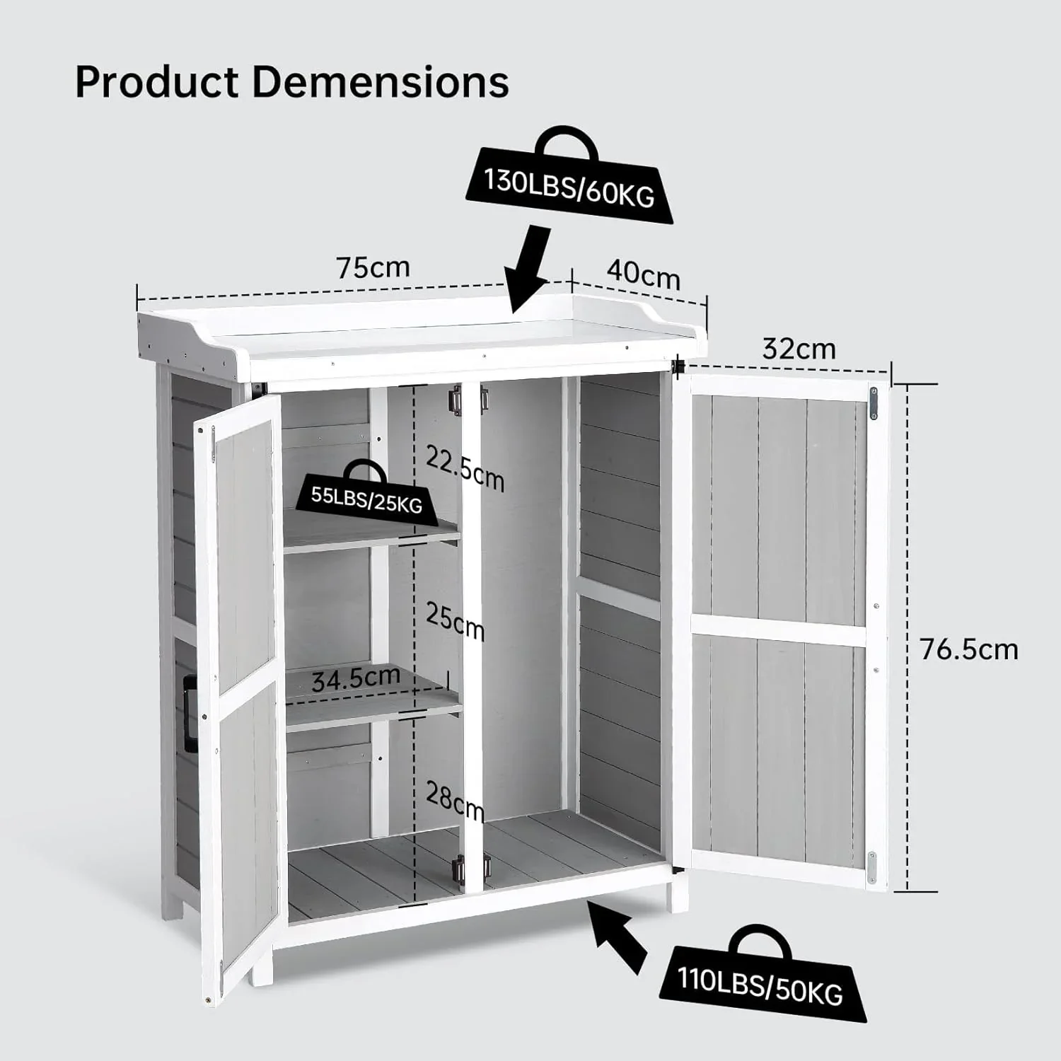 Outdoor Potting Bench with Storage - 37 Tall Wooden Garden Workstation with Galvanized Metal Tabletop, Adjustable Shelves & Double Doors for Backyard, Patio, Garden (White).