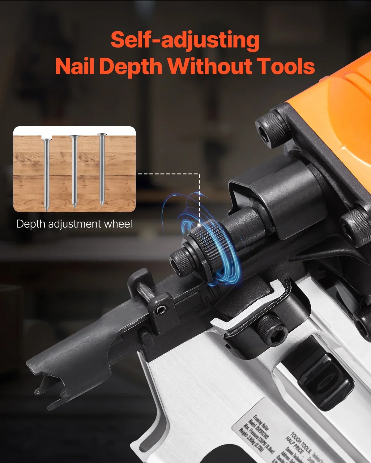 KFFKFF Nail Gun, 2 to 3-1/2 21 Degree Full Round Head, Pneumatic with Dual Firing Options & No-Tool Depth Modification, 80-120PSI Professional Air Powered Tool for Floor, Deck & Frame Construction