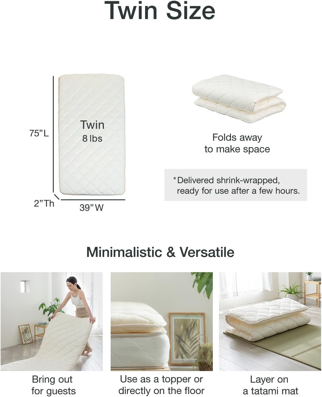 FULI Japanese Futon, Twin Size, White - Foldable Shikibuton Floor Bed - Medium Firm Quilted Cotton Sleeping Pad, Portable Roll-Up Japanese Floor Bed for Guests & Small Spaces