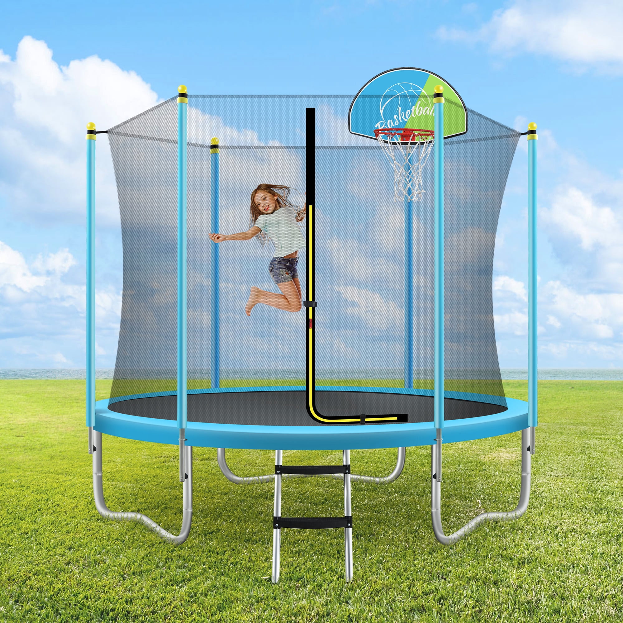 EUROCO 8FT Trampoline for Kids with Safety Enclosure Net, Basketball Hoop and Ladder, Easy Assembly Round Outdoor Recreational Trampoline