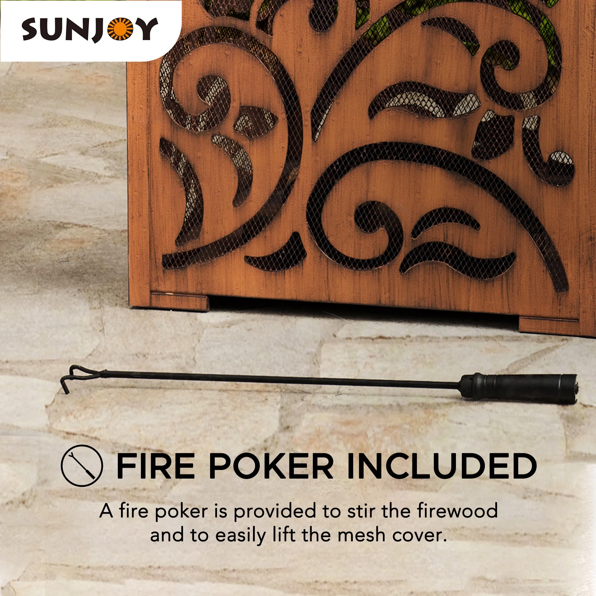 Sunjoy 26 in Fire Pit for Outside, Outdoor Wood Burning Firepit with Steel Mesh Spark Screen and Fire Poker, Large Bonfire for Patio and Backyard