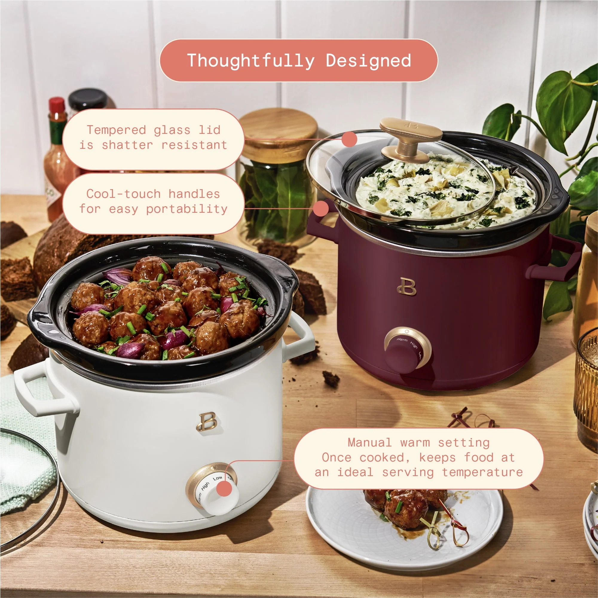 Beautiful 2 Qt Slow Cooker Set, 2 - Pack, White Icing and Merlot by Drew Barrymore, 19340, 100 W
