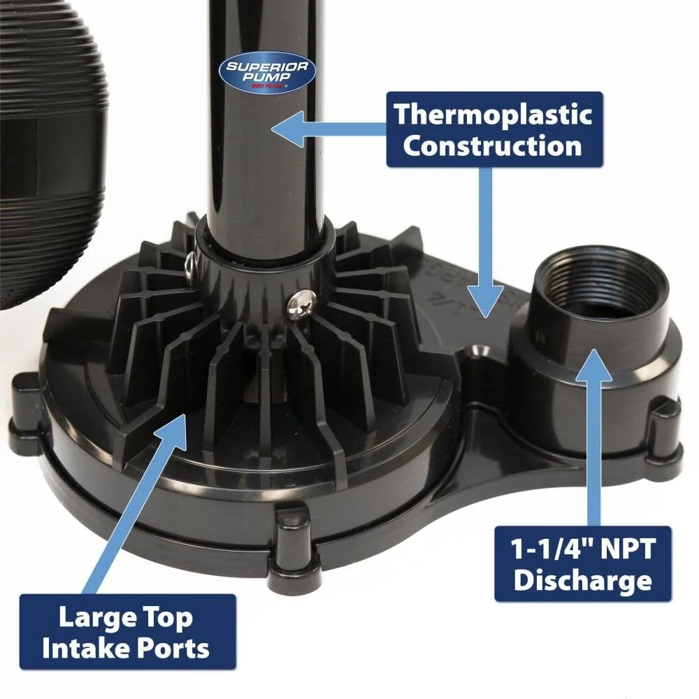 92333 Multi Use Utility Sump Water Pump, 120 V, 0 33 Hp, 1 1/4 in Outlet, 50 Gpm, Thermoplastic Black(1/3 HP) Image 7