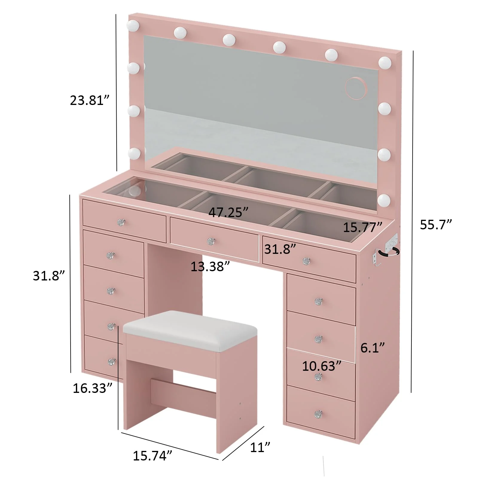 White Vanity Desk with Illuminated Mirror Power Outlet, 11 Drawers Vanity Table with Chair, Makeup Vanity with 12 LED Lights, Tempered Glass Top, Dressing Table for Bedroom,Dressing Room(White) - Image 9