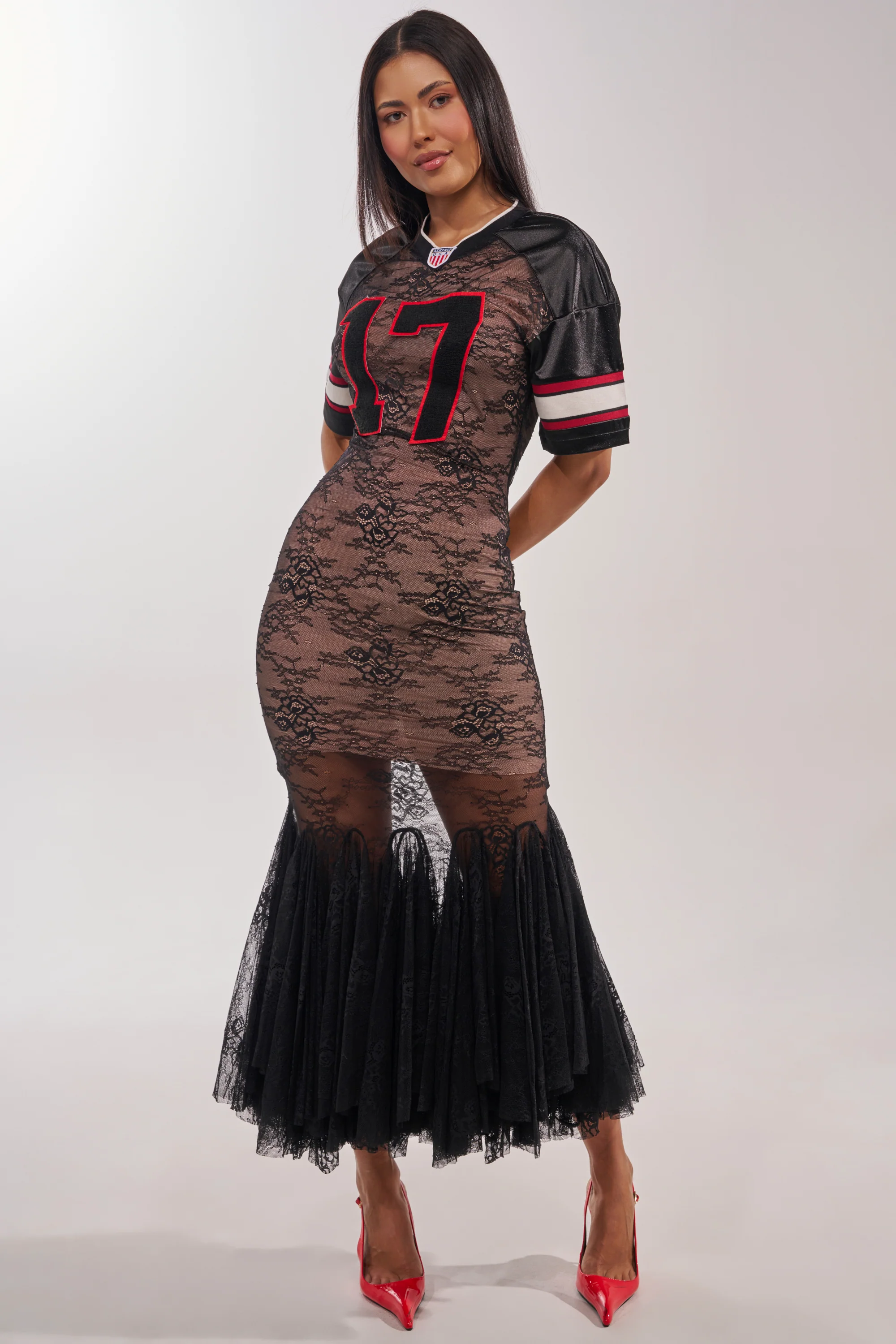 LAYUP LACE JERSEY MAXI DRESS IN BLACK - Akira Store