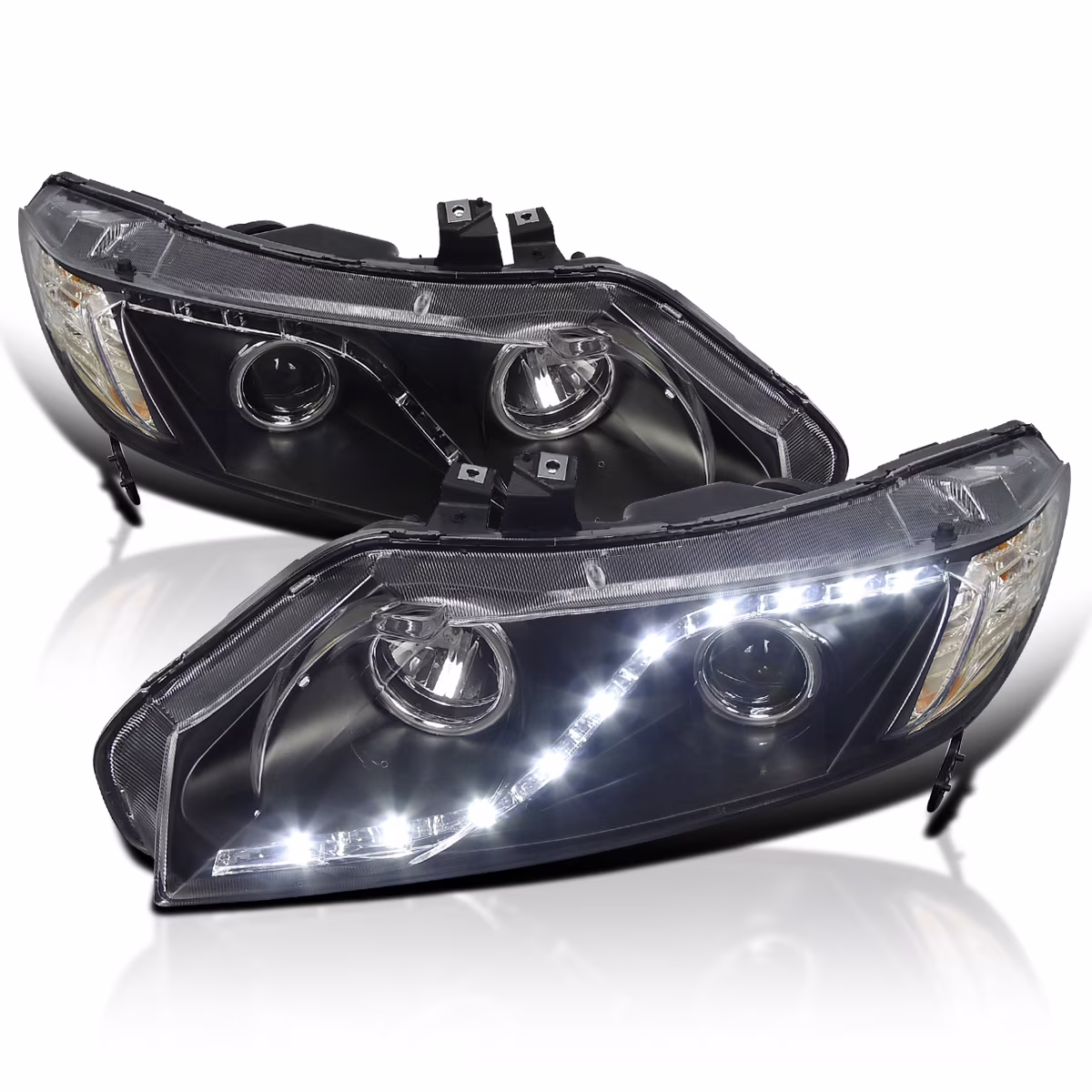 LED Headlights Black Compatible with 2006-2011 Honda Civic 4 Door Sedan, Left + Right Pair Headlamps Assembly(Black Housing Clear Lens)
