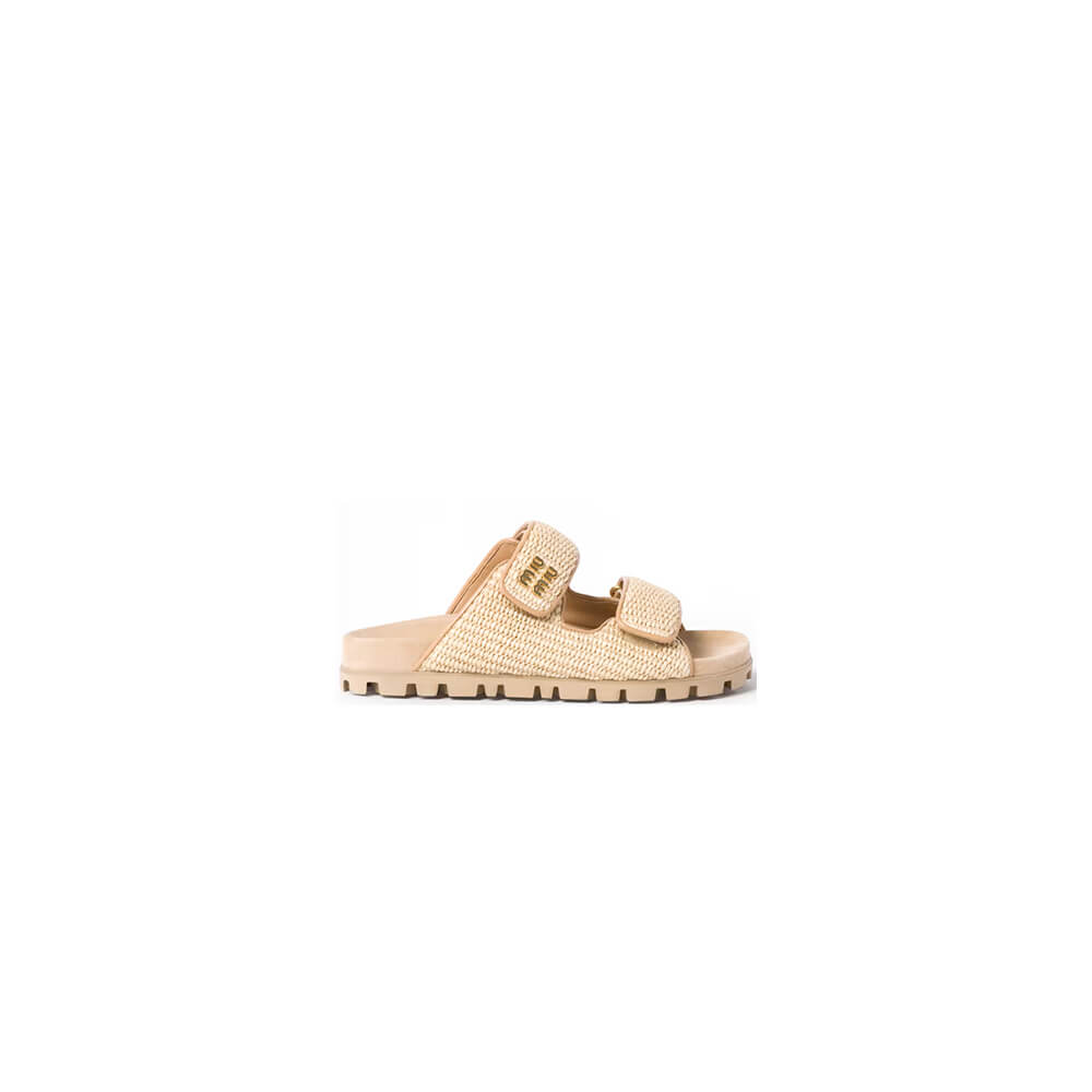 MiuMiu Raffia-effect woven fabric slides