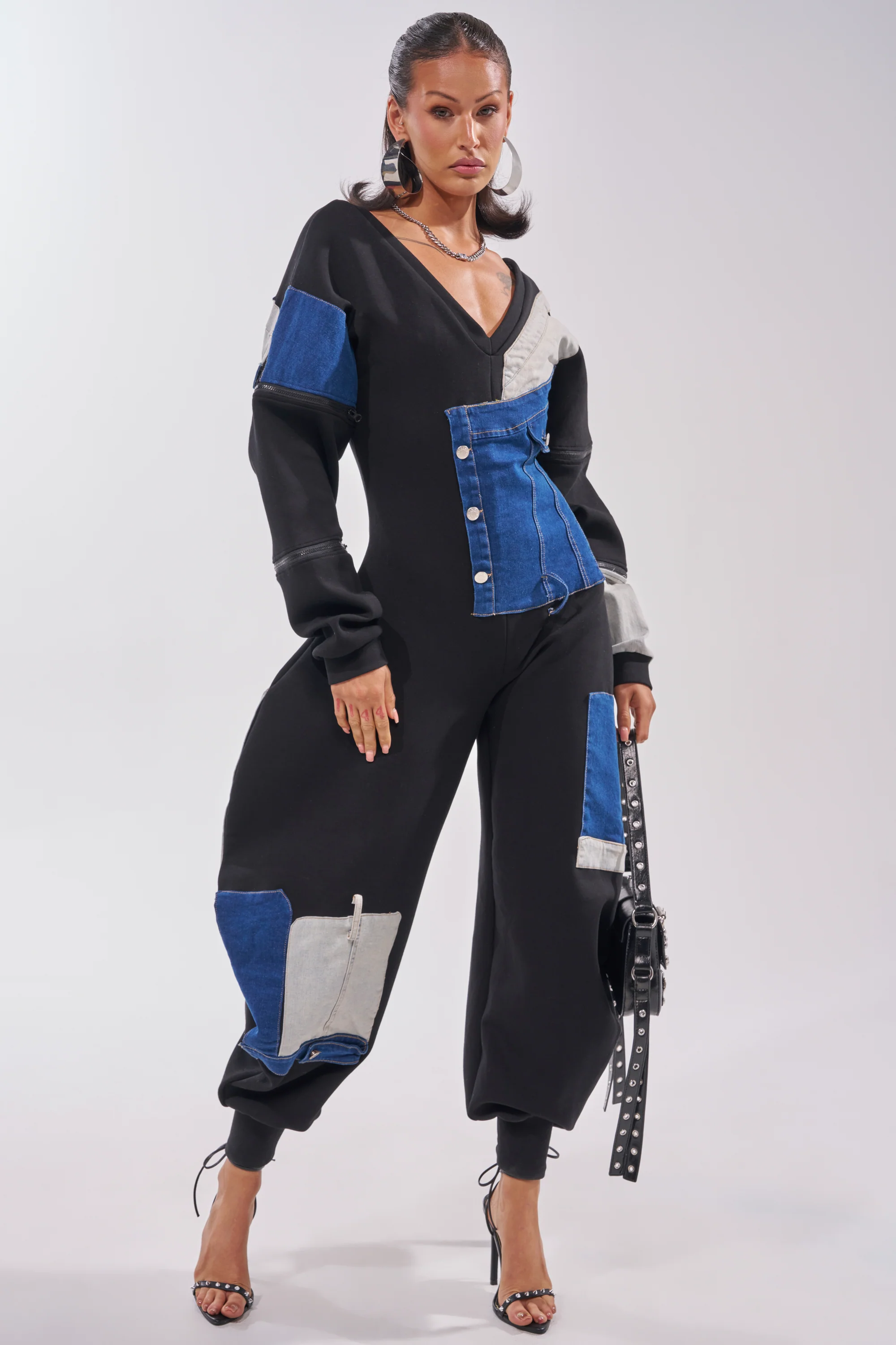 COMFY COZY PATCHWORK JUMPSUIT IN BLACK - Akira Store