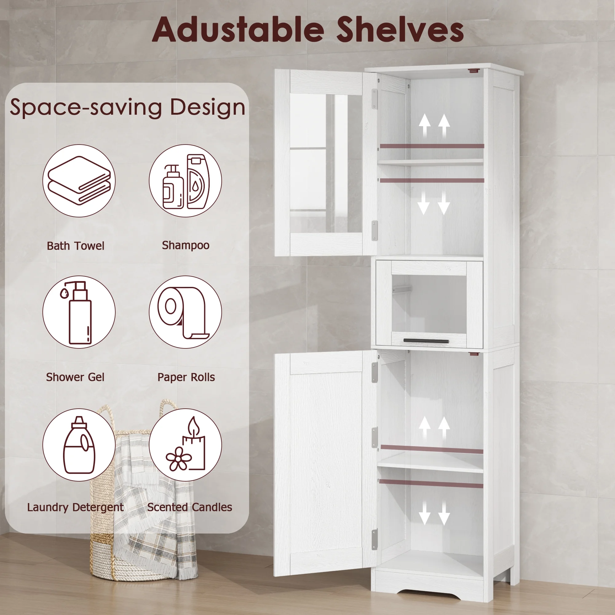 Bathroom Cabinet, Tall Storage Cabinet with Doors and Adjustable Shelf, Freestanding Floor Pantry Cabinet for Kitchen, Living Room, Laundry Room, Home Office(Single row/white) - Image 6