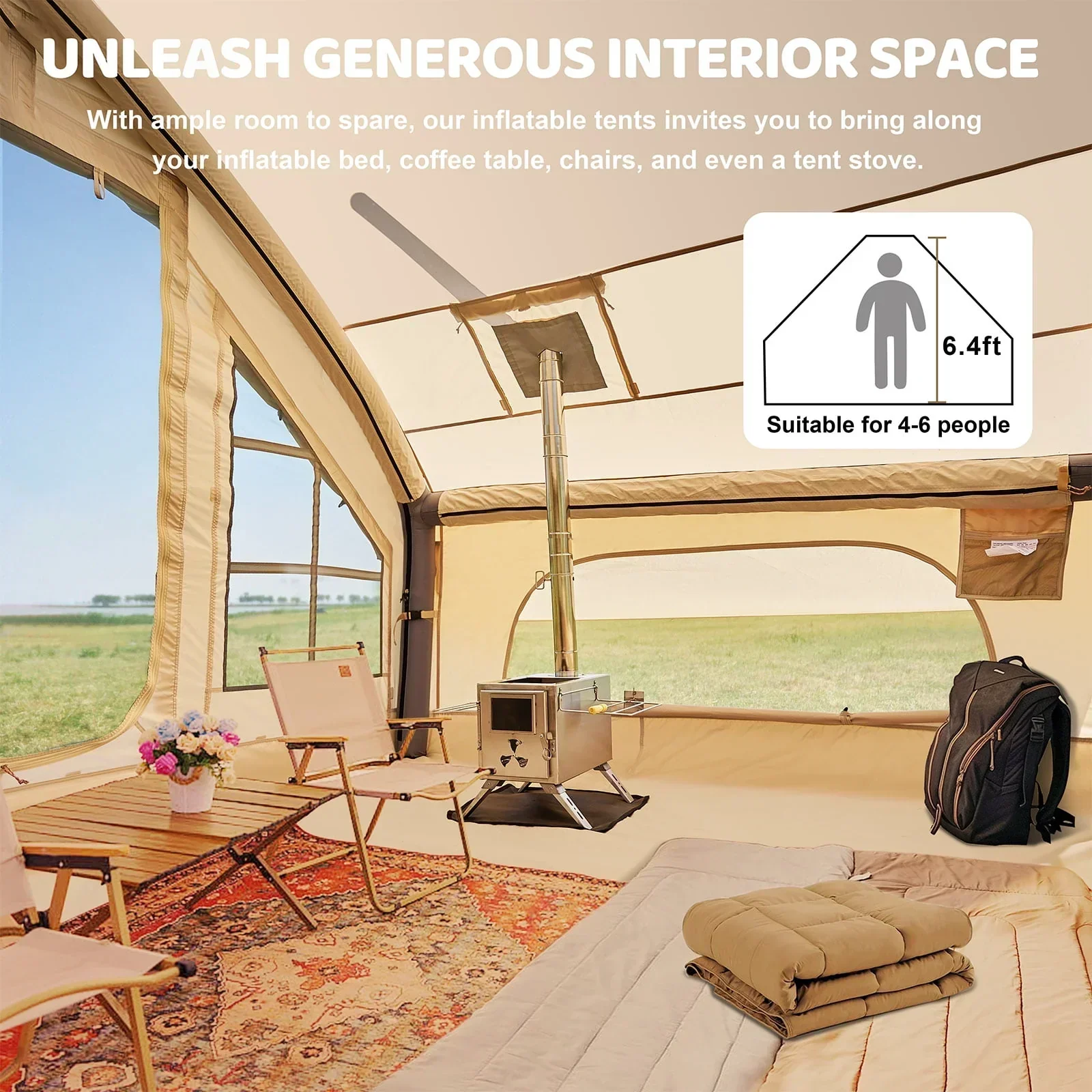 6 Person Inflatable Camping Tent with Pump. 10ft x7ft Glamping Family Tent Easy Setup 4 Season Waterproof Windproof Outdoor Blow Up Tent Luxury Oxford Cabin with Mesh Windows & Doors sgtnighsdesigns