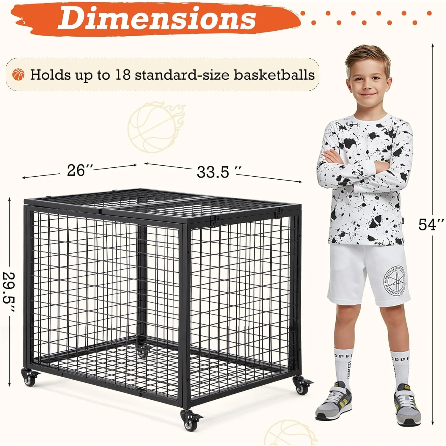 AECOJOY Ball Cart Storage, Rolling Basketball Bin with Wheels for Garage, School, Gym, Sports Equipment and Toy Organizer, Large