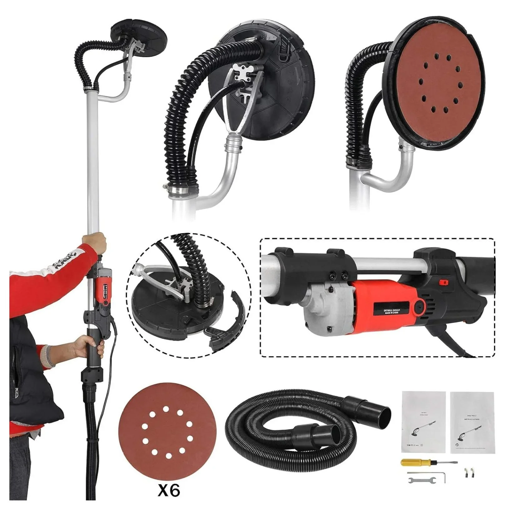 Electric Drywall Sander 800w Adjustable Variable 6 Speed Disc Sander w/ 6 Sand Pads, 1000-2000RPM