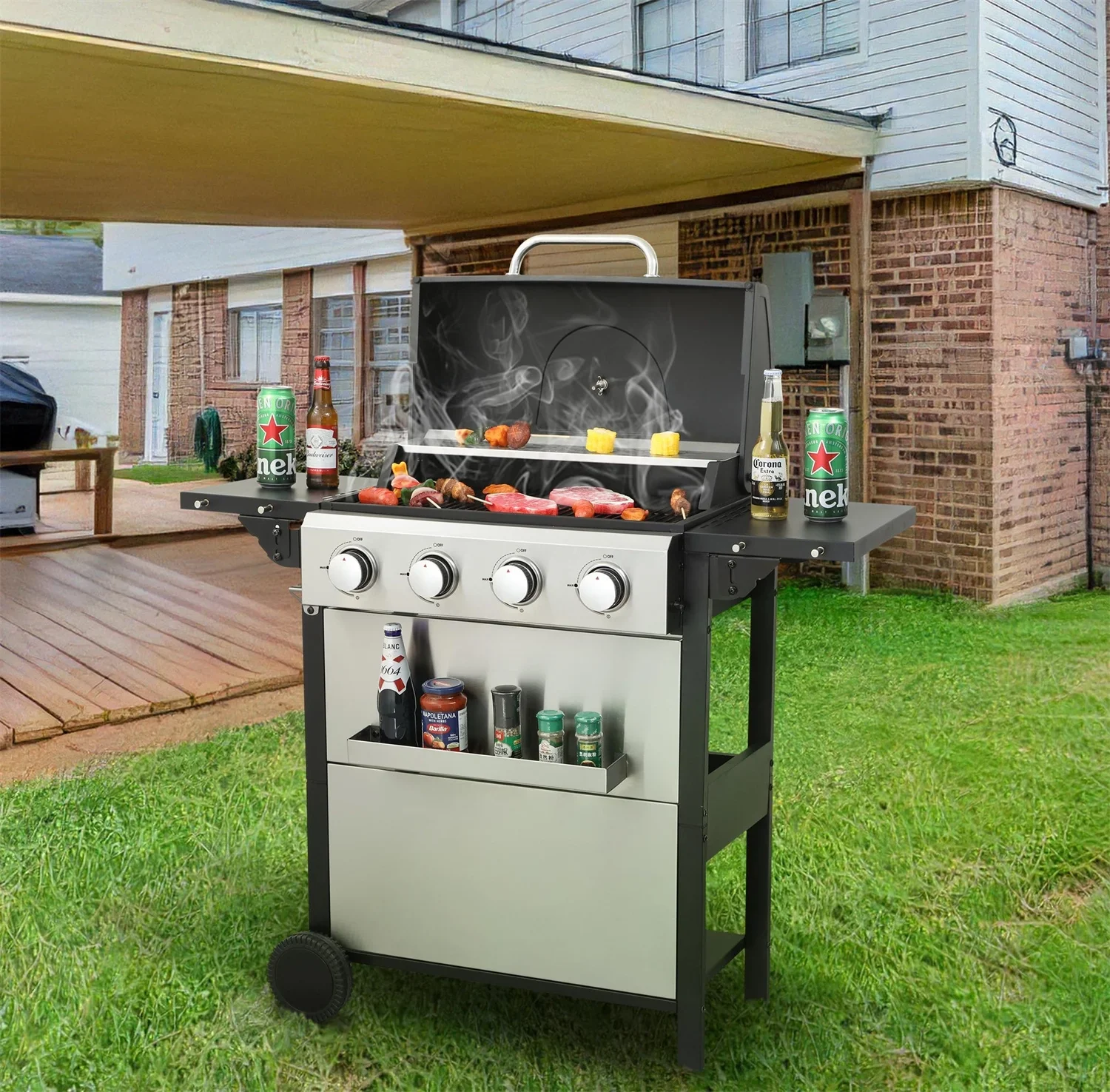 HighSound 3 Burner BBQ Propane Gas Grill, Stainless Steel 25650 BTU Patio Garden Barbecue Grill with Wire Enamel Cooking Grids & Foldable Shelves, Black