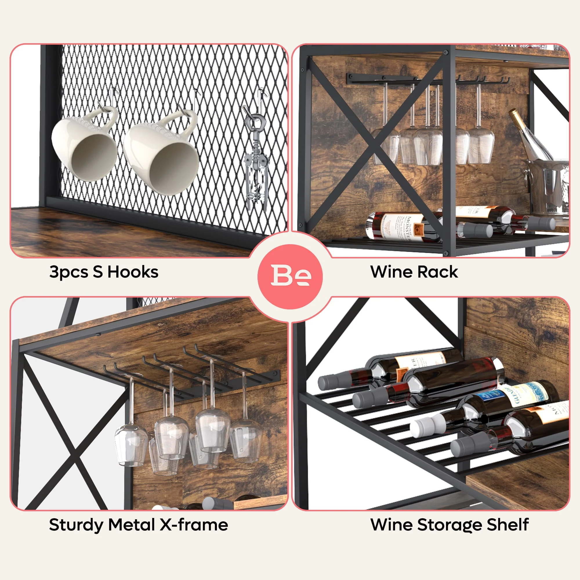 Bestier 3 Tier Liquor Bar Table Wine Bar Cabinet Coffee Station for Kitchen Rustic(Gray)