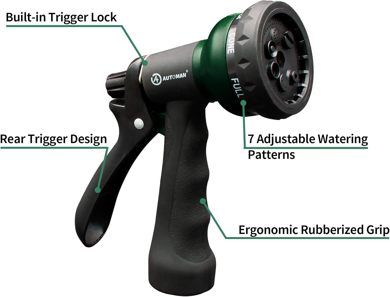 AUTOMAN-Garden-Hose-Nozzle, ABS Water Spray Nozzle with 7 Adjustable Watering Patterns, Slip Resistant for Watering Plants, Lawn & Garden, Car Washing, Cleaning, Showering Pets & Outdoor Fun