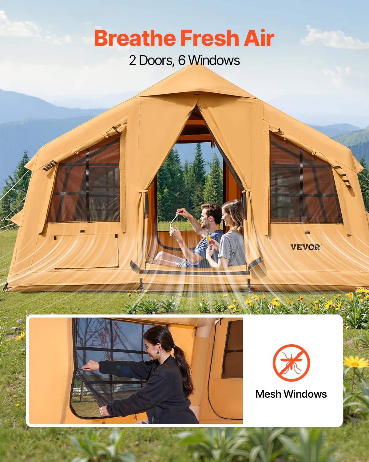 Inflatable Tents for Camping,8-12 Person Easy Setup Blow up Tent with Hand Pump,4 Season Luxury Glamping Tent with 2 Skylights, Canopy,Stove Jack, 2 Doors Mesh Windows(Include Storage Bag) - Image 6