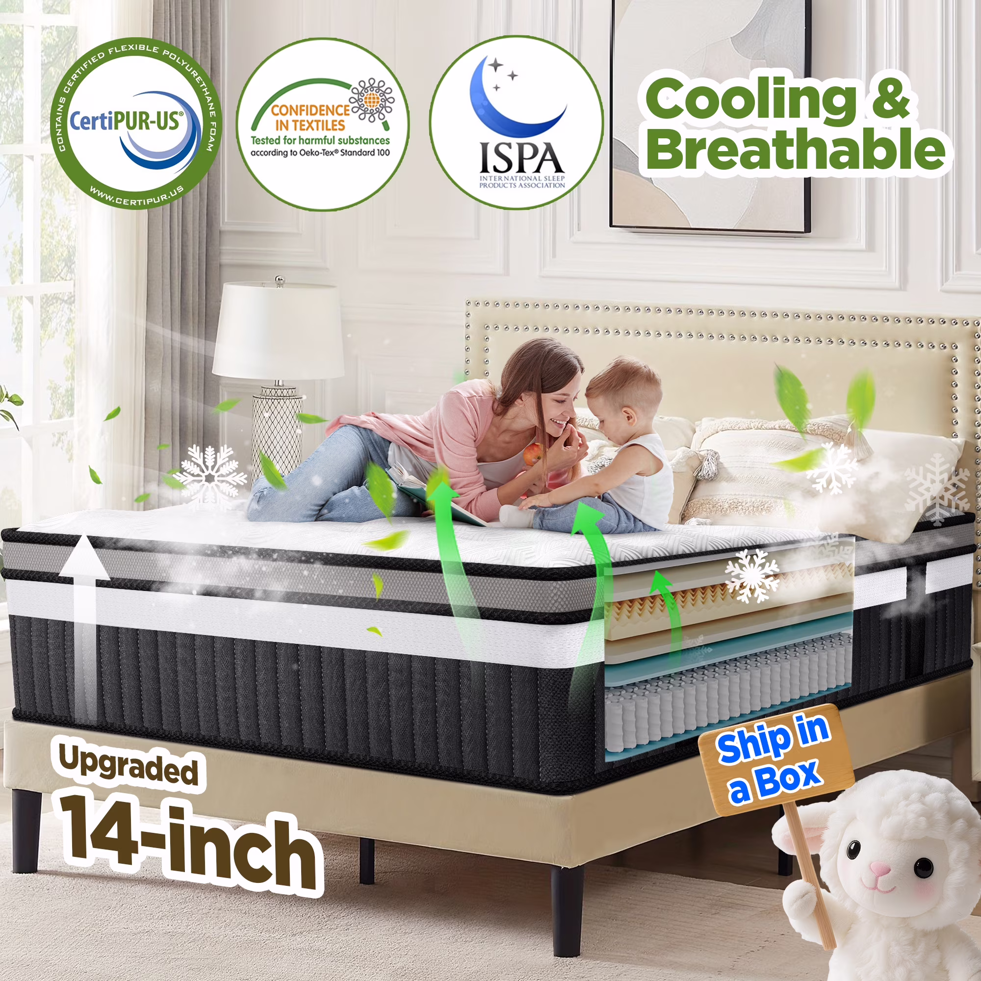 Qvamodo 14 in Hybrid King Mattress - Medium Firm King Size Bed in a Box - Certipur - US Certified Memory Foam, King Size Mattress for Pressure Relief, Cooling Sleep, and Motion Isolation