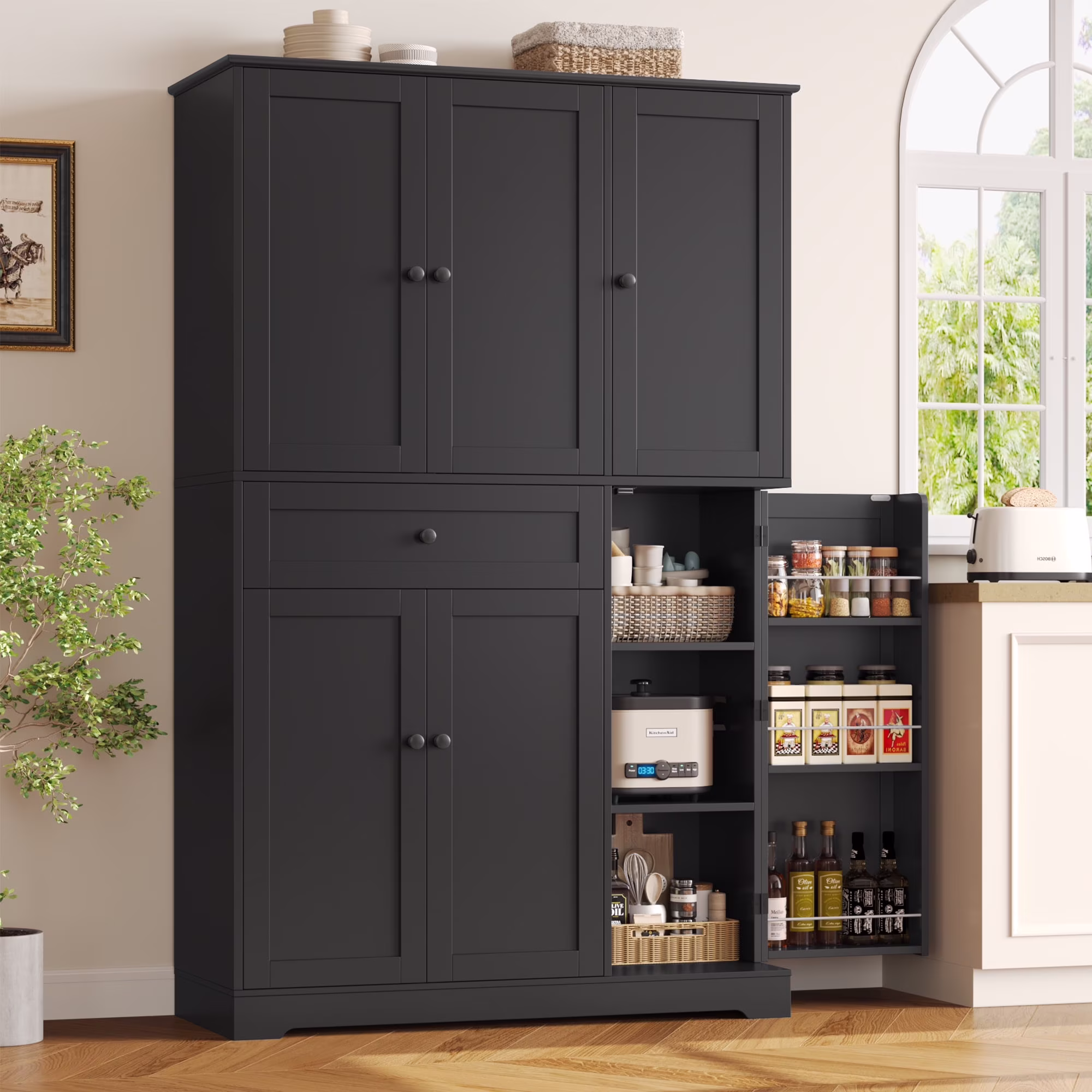 Kitchen Pantry Storage Cabinet, 68" Food Pantry Cabinet with Drawer and Door Shelf, 6 Door Freestanding Cupboard Buffet for Dining Room, White(White) - Image 7